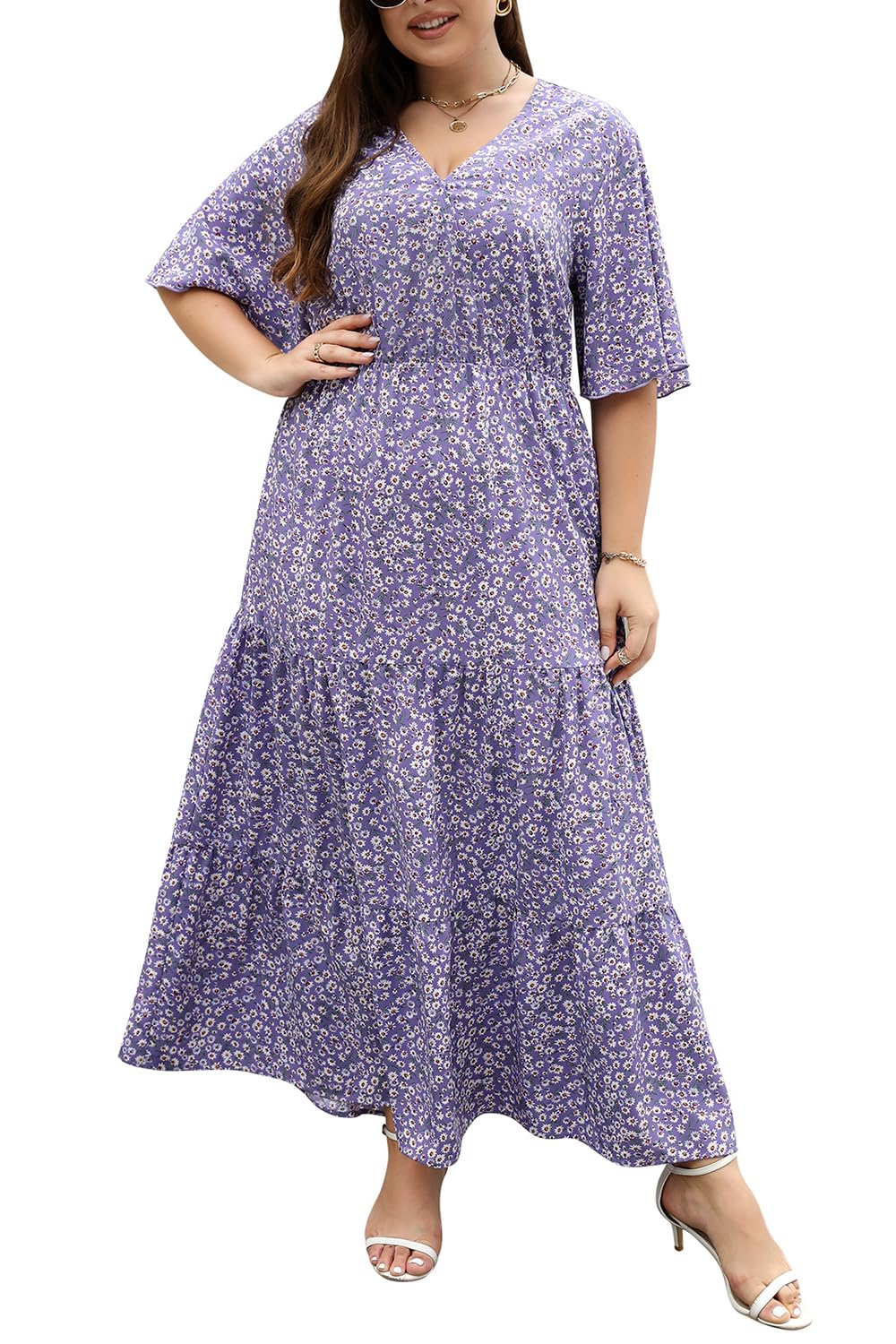 Keluummi Plus Size Wedding Guest Dress for Women - Summer Casual Boho Floral Maxi Dress with 3/4 Sleeves & Empire Waist Pocket | Perfect for Garden Parties, Beach Weddings & Brunch Dates