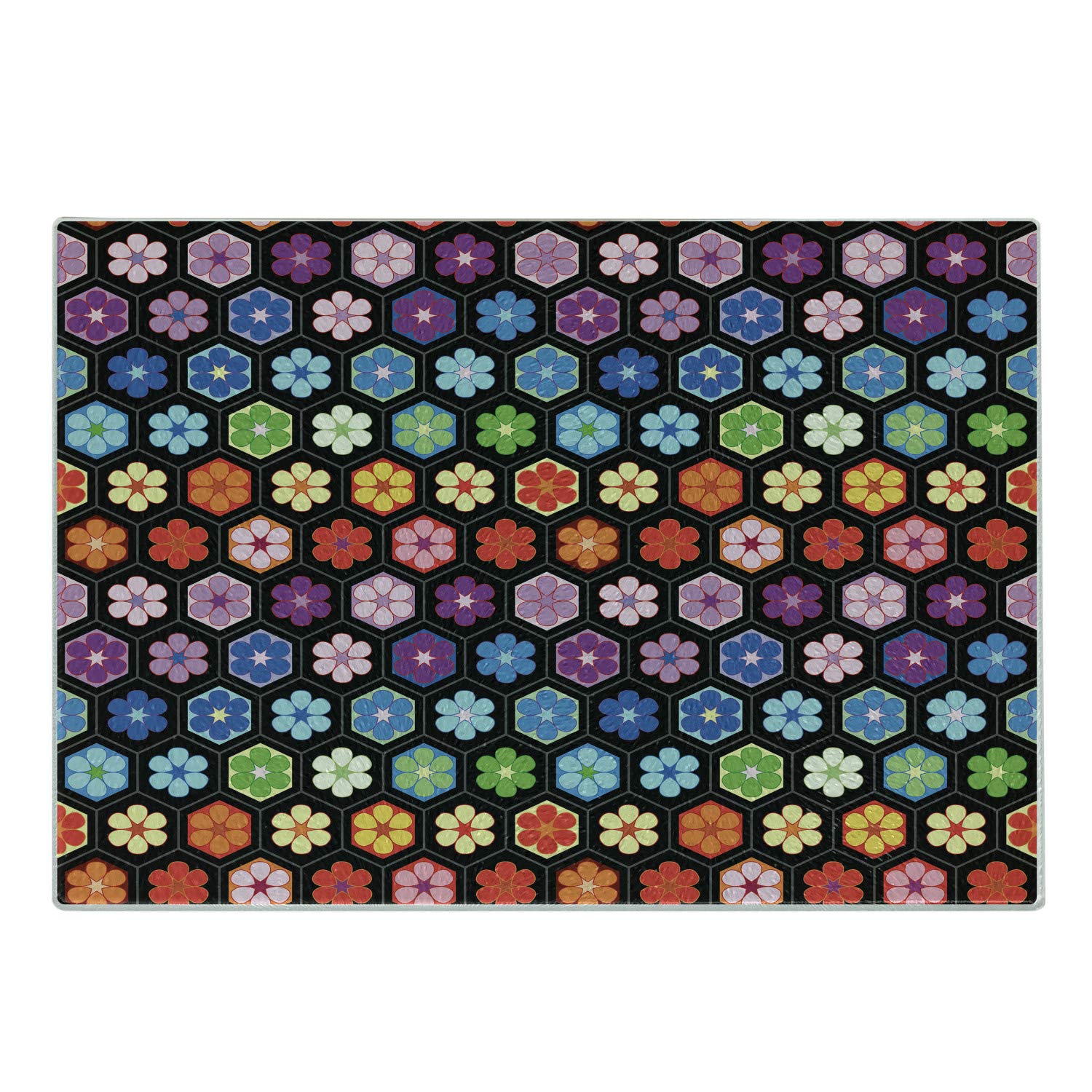 Ambesonne Hexagonal Glass Cutting Board - Colorful Daisy Blossom & African Flower Design - Tempered Glass Serving Board for Kitchen & Dining Decor - Small Size Multicolor Cutting Board for Cheese, Charcuterie & Appetizers
