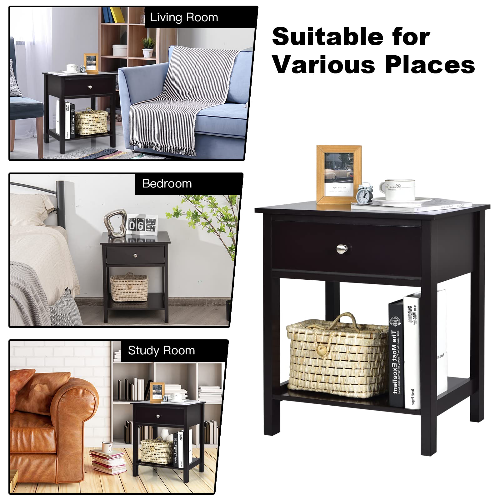 Giantex Nightstand Set of 2, Wooden End Tables with Drawer & Open Shelf - Space-Saving Bedside Tables for Small Spaces - 2-Tier Night Stand for Bedroom, Living Room & Dorm - Easy Assembly Black - Perfect for Storing Books, Lamps & Bedroom Essentials