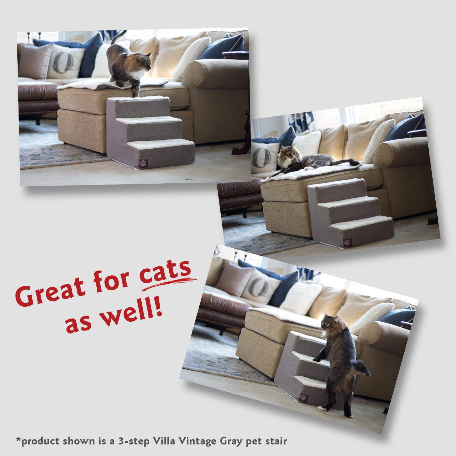 Portable 3-Step Pet Stairs for Small Dogs & Cats - Supports Up to 250 lbs - Machine Washable Cover - Ideal for High Beds, Couches, SUVs & Travel - Heathered Gray