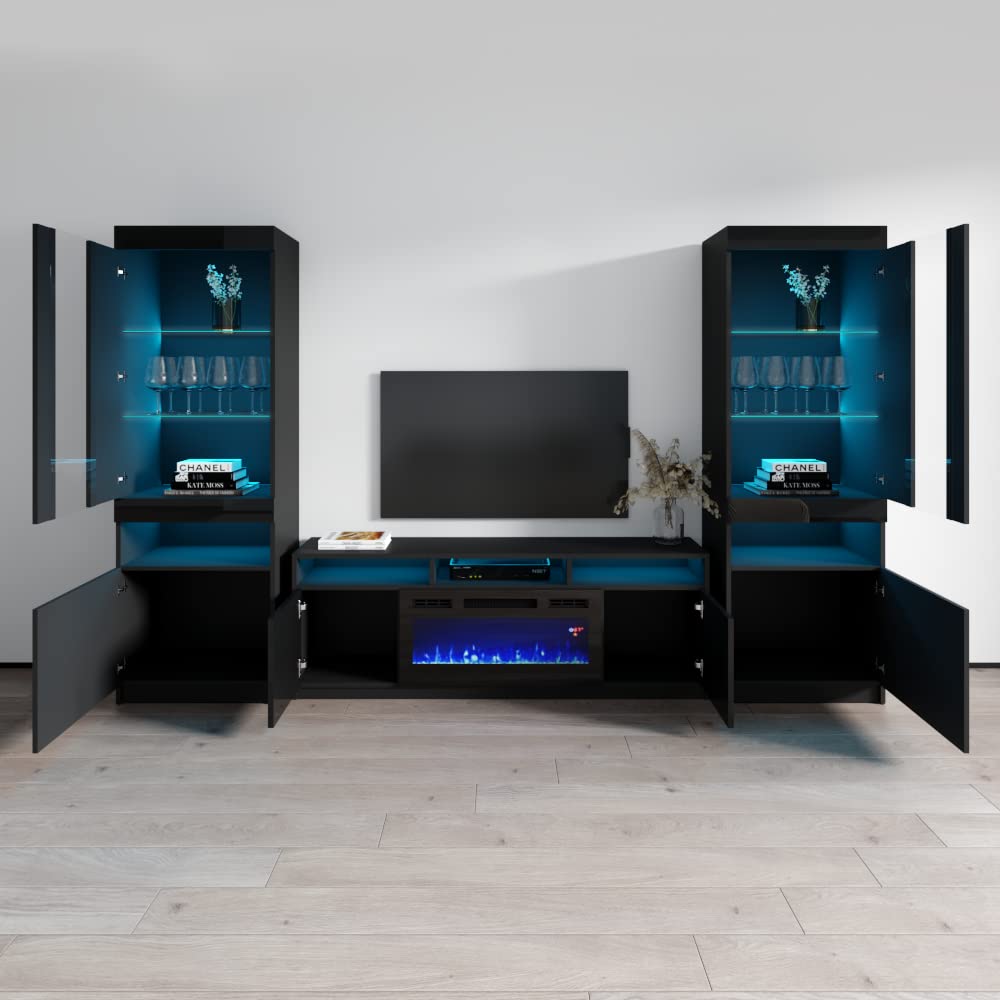 Reno 05 Electric Fireplace TV Stand with LED Lights - Modern Entertainment Center Console for Living Room & Bedroom - Komi Bookcase Included - Black - Perfect for Cozy Movie Nights & Stylish Home Decor
