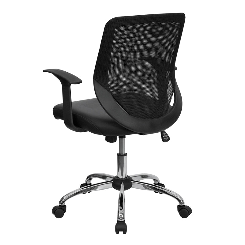 Ergonomic Mid Back Black Mesh Office Chair with Swivel Tilt & T-Arms - Breathable Mesh Back, Leather Seat & Chrome Base for Home Office, Gaming & Workspace Comfort