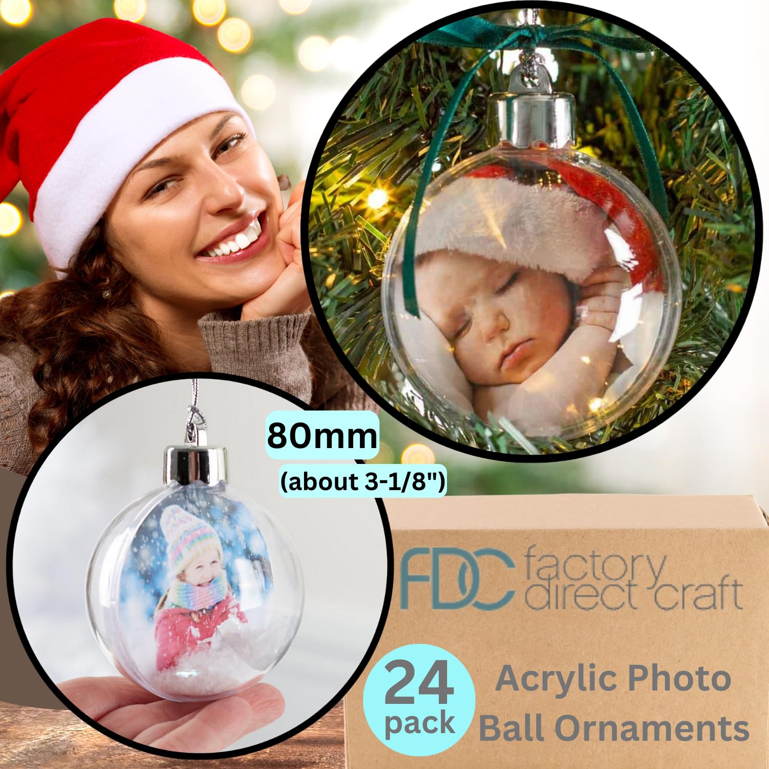 Factory Direct Craft 24 Pack Shatterproof Acrylic Photo Ball Ornaments - Christmas Tree Decorations, Wedding Party Favors, DIY Keepsake Gifts for Family & Friends