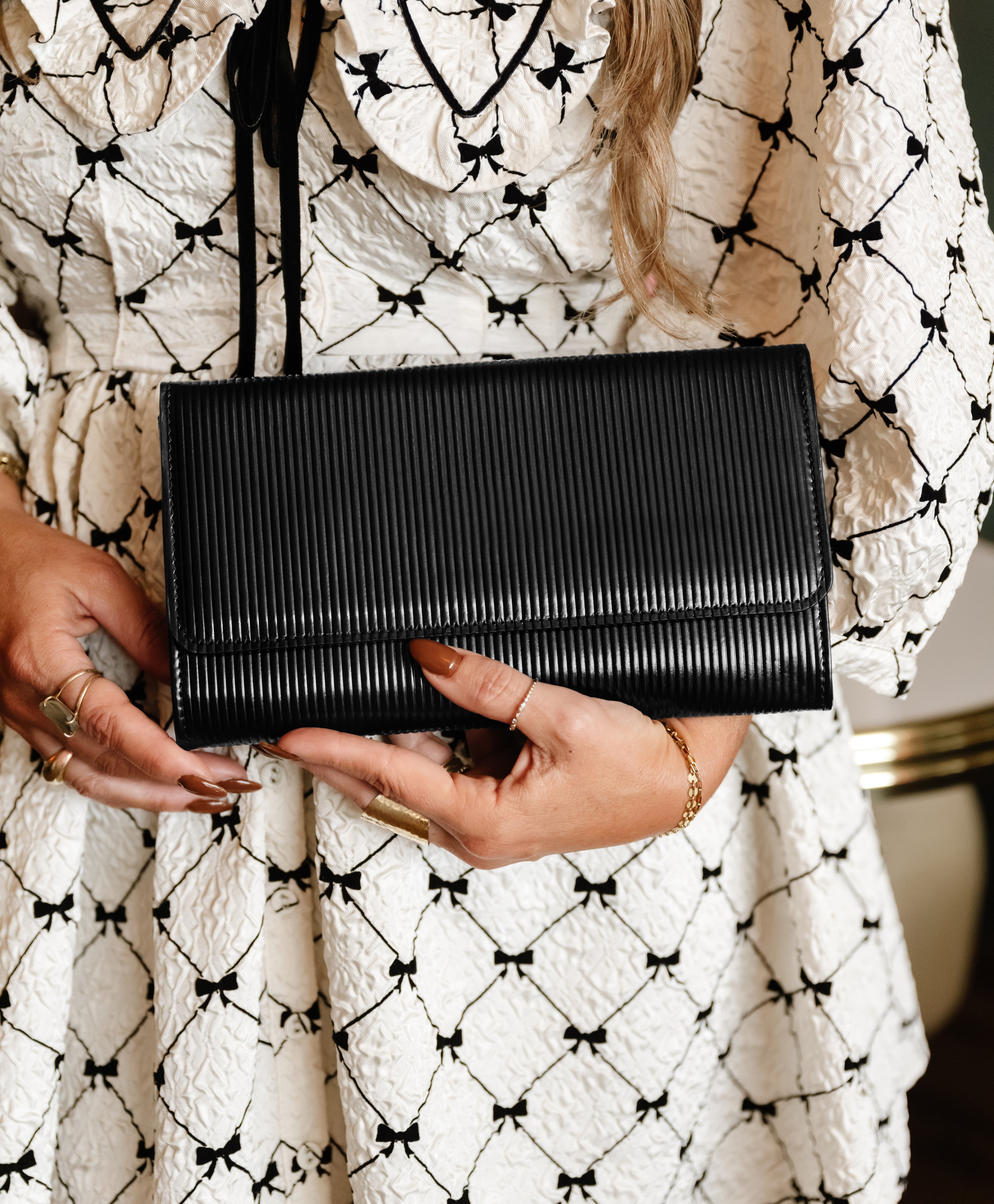 Bianca Black Embossed Stripe Leather Clutch Purse for Women - Elegant Evening Bag for Parties, Weddings & Special Occasions