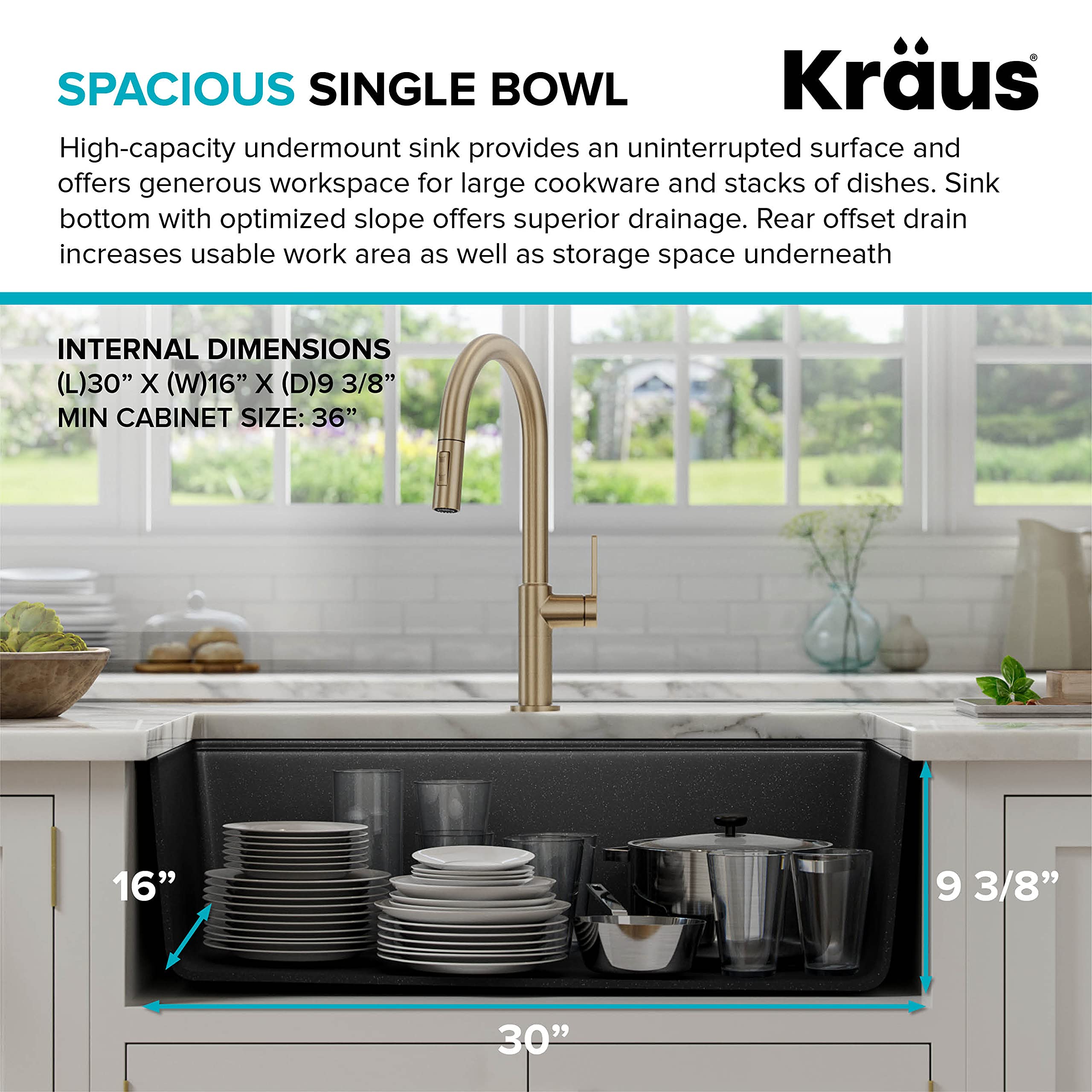 KRAUS Bellucci 32-Inch Undermount Granite Composite Single Bowl Kitchen Sink in Metallic Black with WasteGuard™ Garbage Disposal - Perfect for Modern Kitchens, Food Prep, and Dishwashing