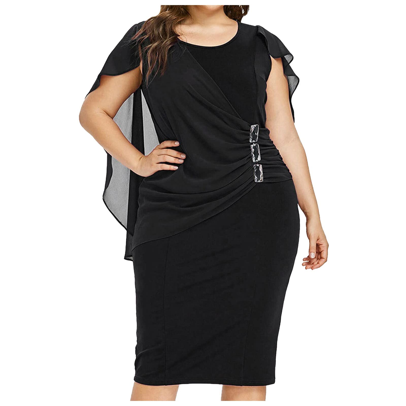 Plus Size Chiffon Ruffle Cape Sleeve Bodycon Pencil Dress for Women - Elegant Sleeveless Cocktail Party Dress for Evening Events, Weddings & Special Occasions