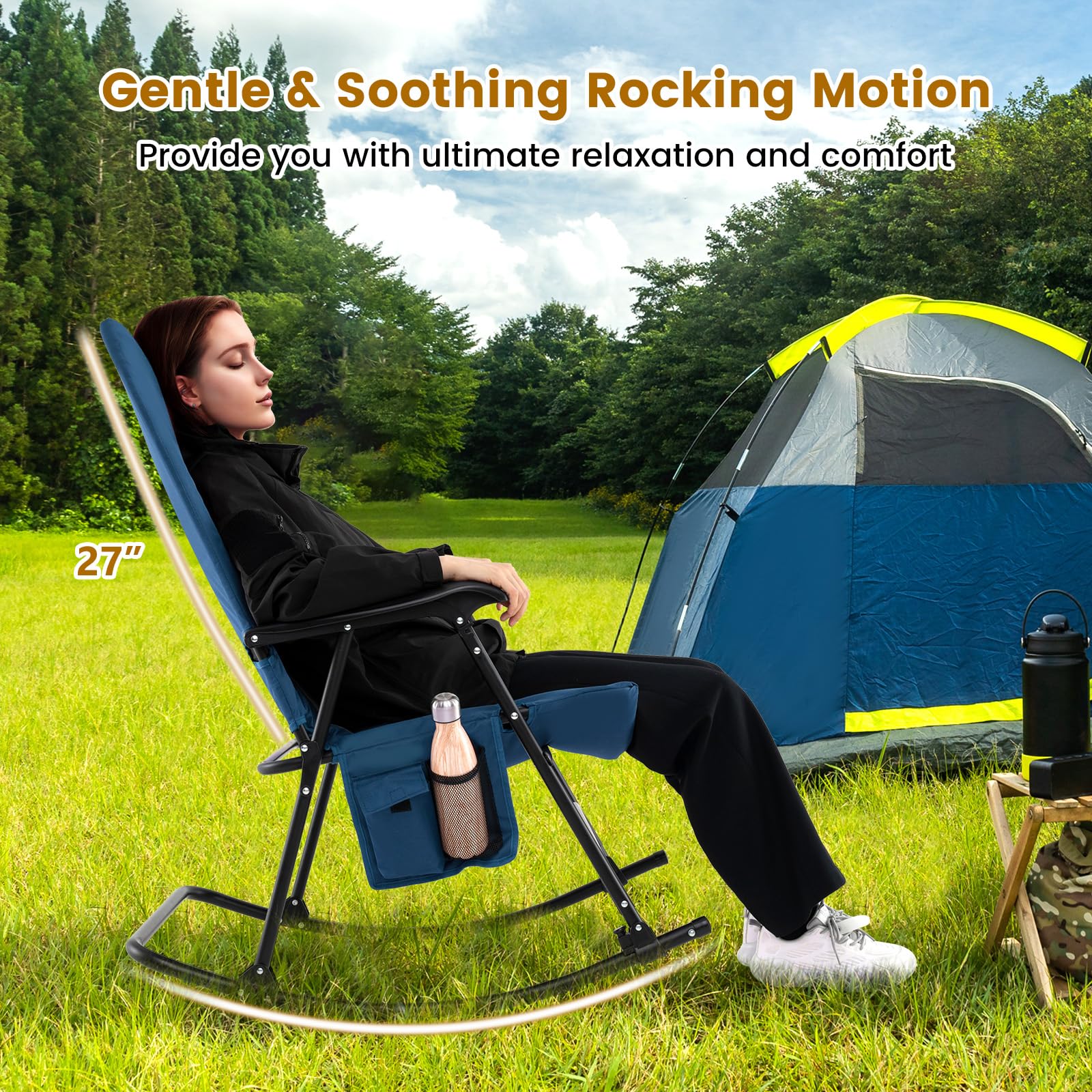Tangkula Folding Rocking Chair - Heavy Duty 350 lbs Capacity, Padded High Back Camp Chair with Armrests, Portable Foldable Design for Indoor Outdoor Use, Patio Lawn Backyard Camping Beach Relaxation (Blue)
