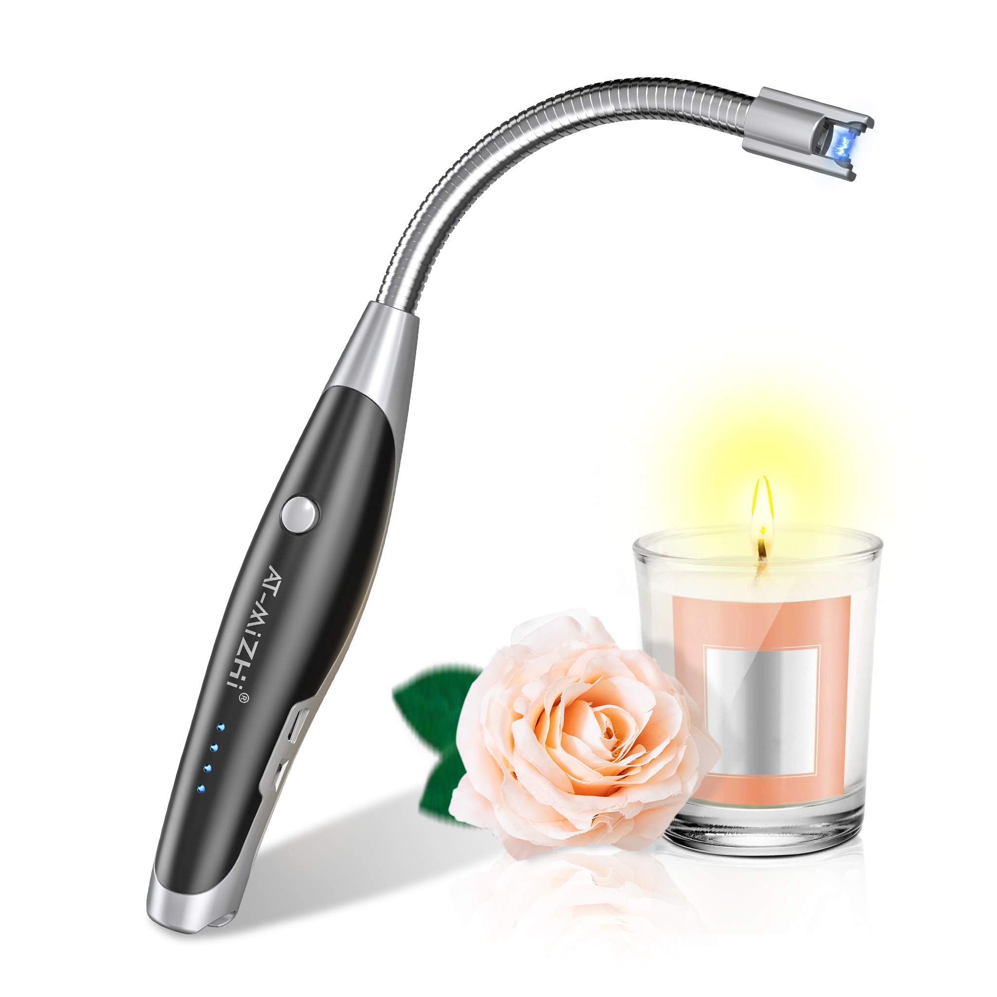 Rechargeable USB Plasma Arc Candle Lighter with LED Flashlight & Battery Display - Electric Long Neck Lighter for Candles, Camping, BBQ, Fireplace & Home Use