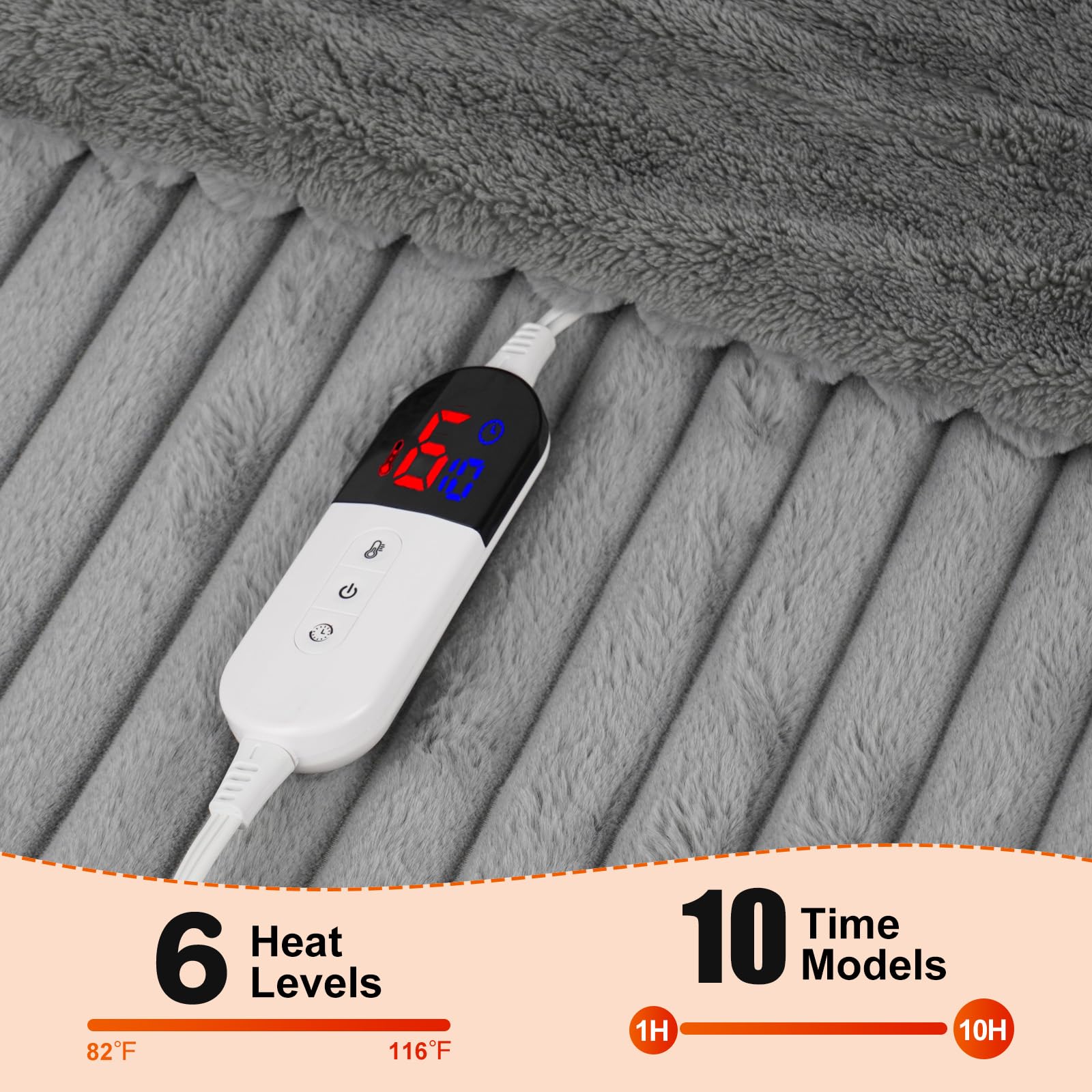 Electric Heated Blanket with Dual Controller - 6 Adjustable Heat Levels & 10-Hour Auto Shutoff - Fast Warming ETL Certified Fleece Blanket (84x90 Inches, Light Gray) for Winter Nights, Bedroom Comfort & Cozy Home Relaxation