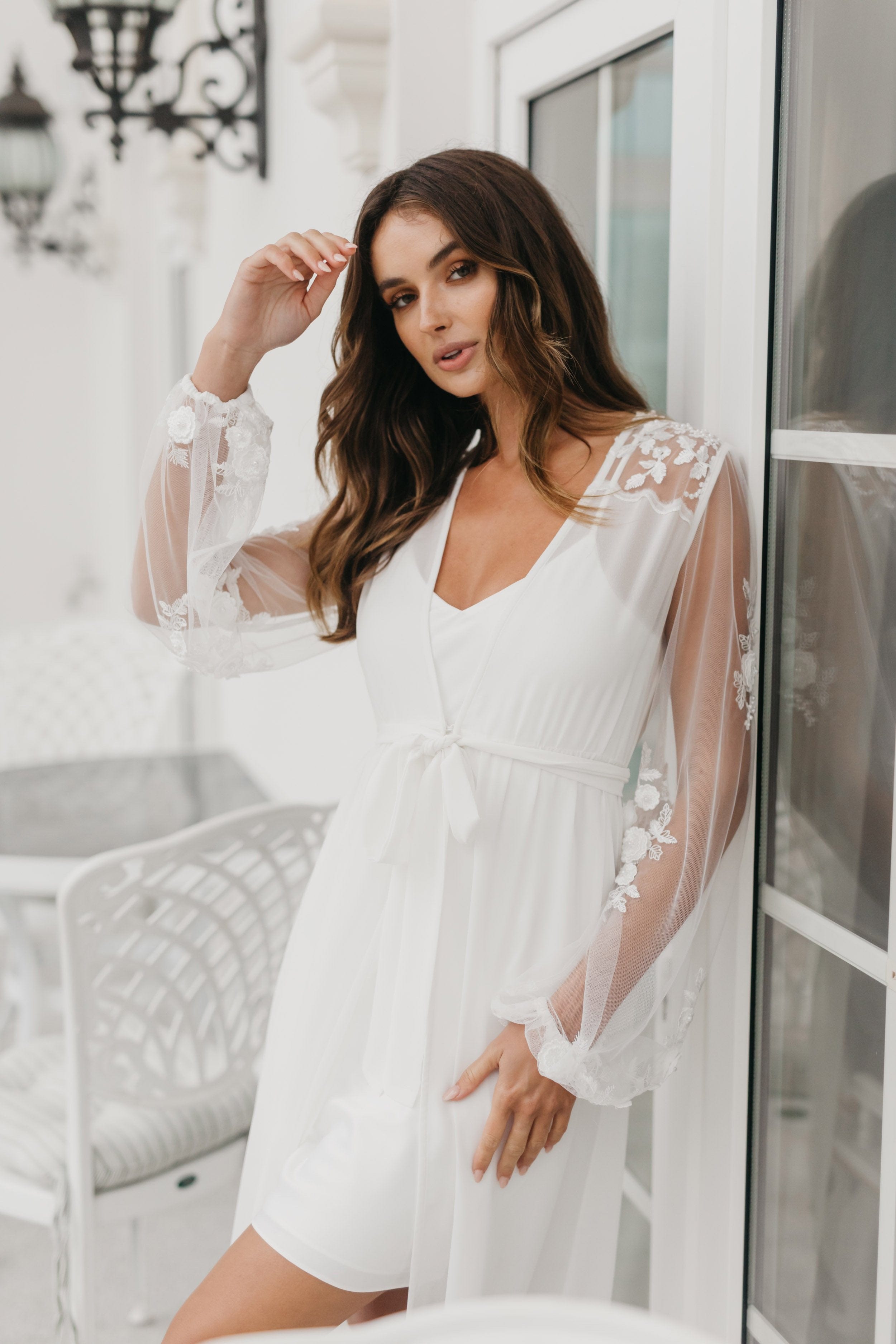 Amara Beaded Floral Lace Maxi Bridal Robe with Train & Slip - Elegant Wedding Gown for Bride, Bridesmaids & Photoshoots | Perfect for Ceremony, Reception & Honeymoon