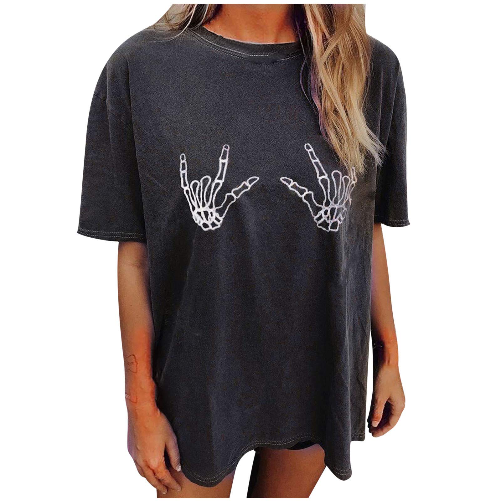 Plus Size Women's Vintage Skeleton Hand Print Crewneck Short Sleeve T-Shirt - Black Baggy Graphic Tee for Casual Wear, Street Style & Halloween Outfits