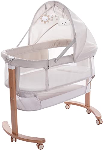 Portable Baby Bassinet Bedside Sleeper with Wheels & Storage Basket - Breathable Mesh Crib for Newborns & Infants (Girl & Boy) - Adjustable Canopy with Hanging Toys - Perfect for Nursery, Bedroom & Travel Use