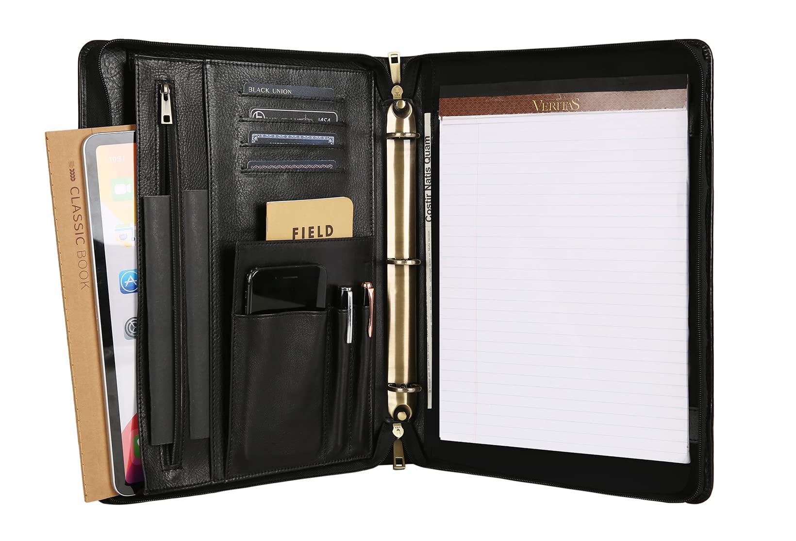 Premium Handmade Leather Portfolio Padfolio - 3 Ring Binder Organizer for Women & Men | Custom Personalized Notebook for iPad & Laptop | Business Meetings, Office Work & Professional Presentations (Black)