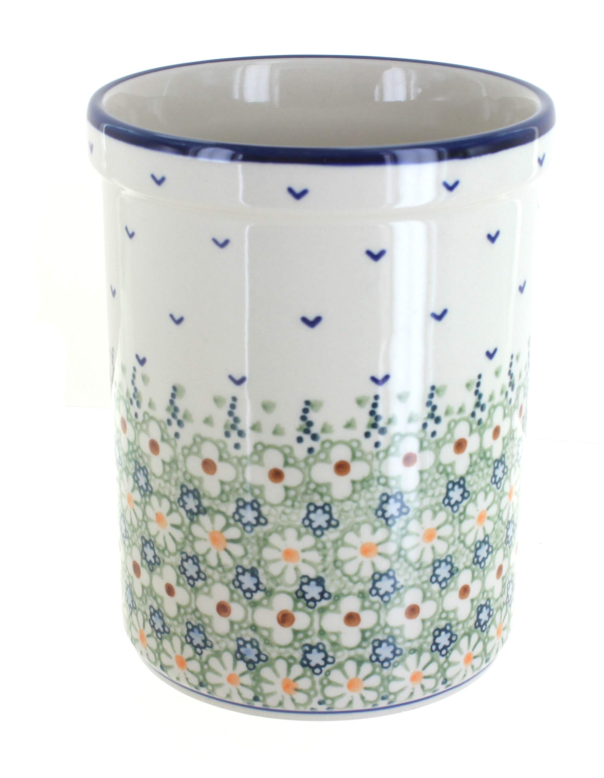 Blue Rose Polish Pottery Green Daisy Utensil Jar - Handmade Ceramic Kitchen Storage for Utensils, Spoons & Cooking Tools - Perfect for Farmhouse, Rustic & Vintage Style Kitchens