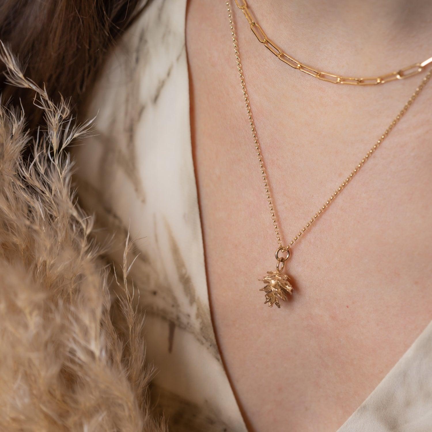 14K Gold Hemlock Cone Pendant Necklace - Elegant Nature-Inspired Jewelry for Women, Perfect for Everyday Wear & Special Occasions