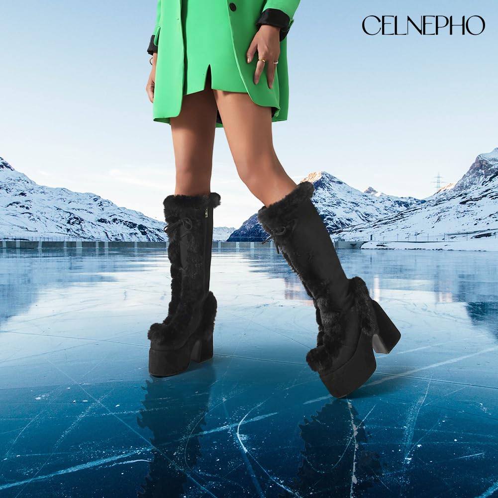CELNEPHO Women's Knee High Boots with Side Zipper - Warm Faux Fur Lined Platform Chunky Heel Punk Goth Boots for Winter Snow Walking | Perfect for Cold Weather, Outdoor Activities & Fashion Streetwear