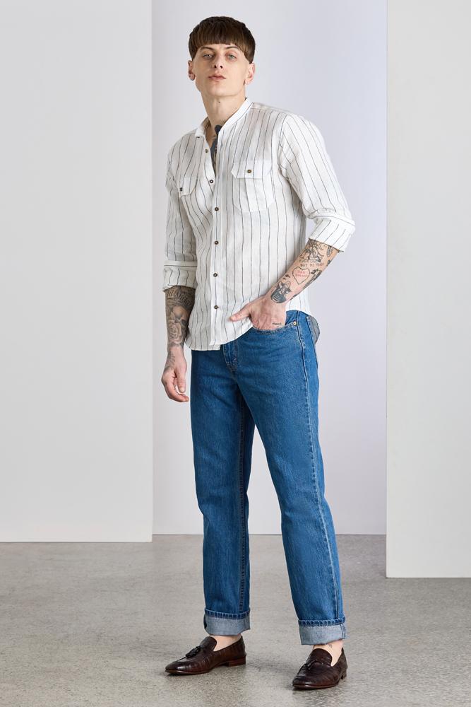 Massimo Men's White and Navy Pinstripe Linen Shirt - Breathable Casual Button Down for Summer, Office & Outdoor Activities
