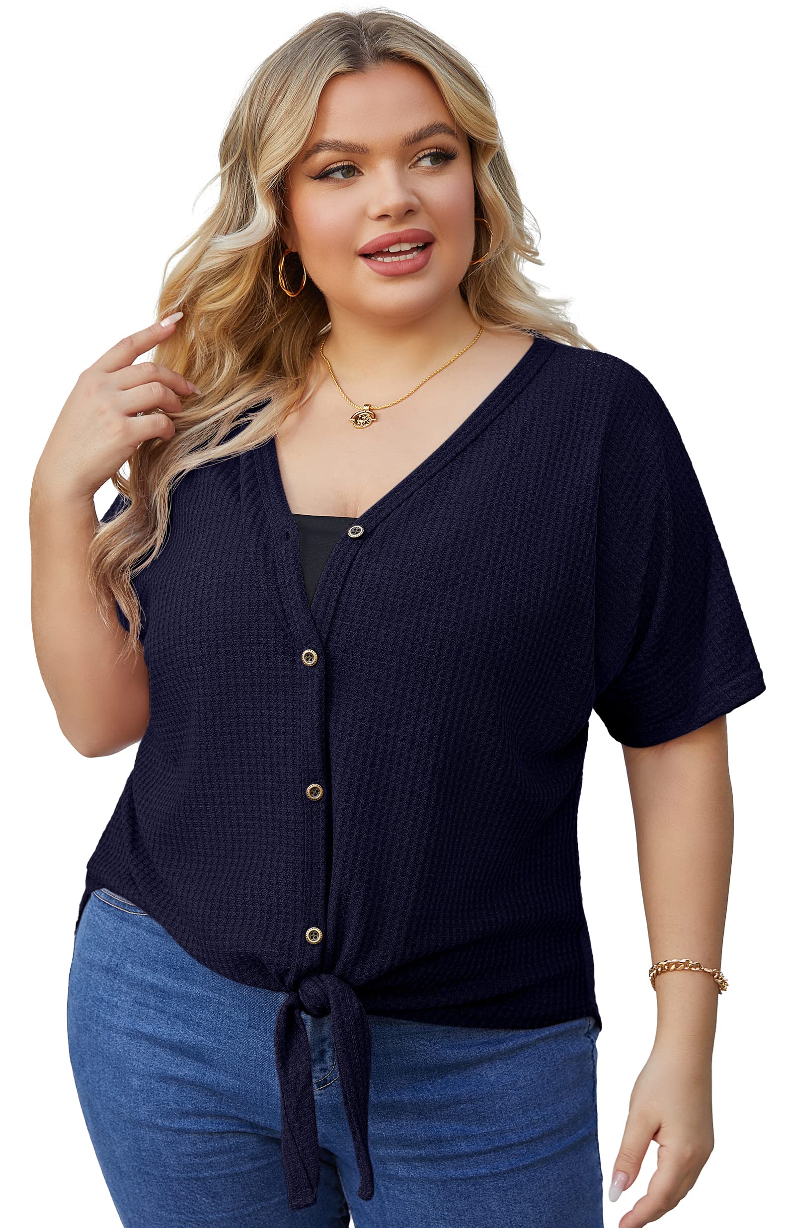 OLRIK Women's Plus Size Short Sleeve V-Neck Waffle Knit Tunic Blouse - Tie Front Button Up T-Shirt for Casual Wear & Office Outfits