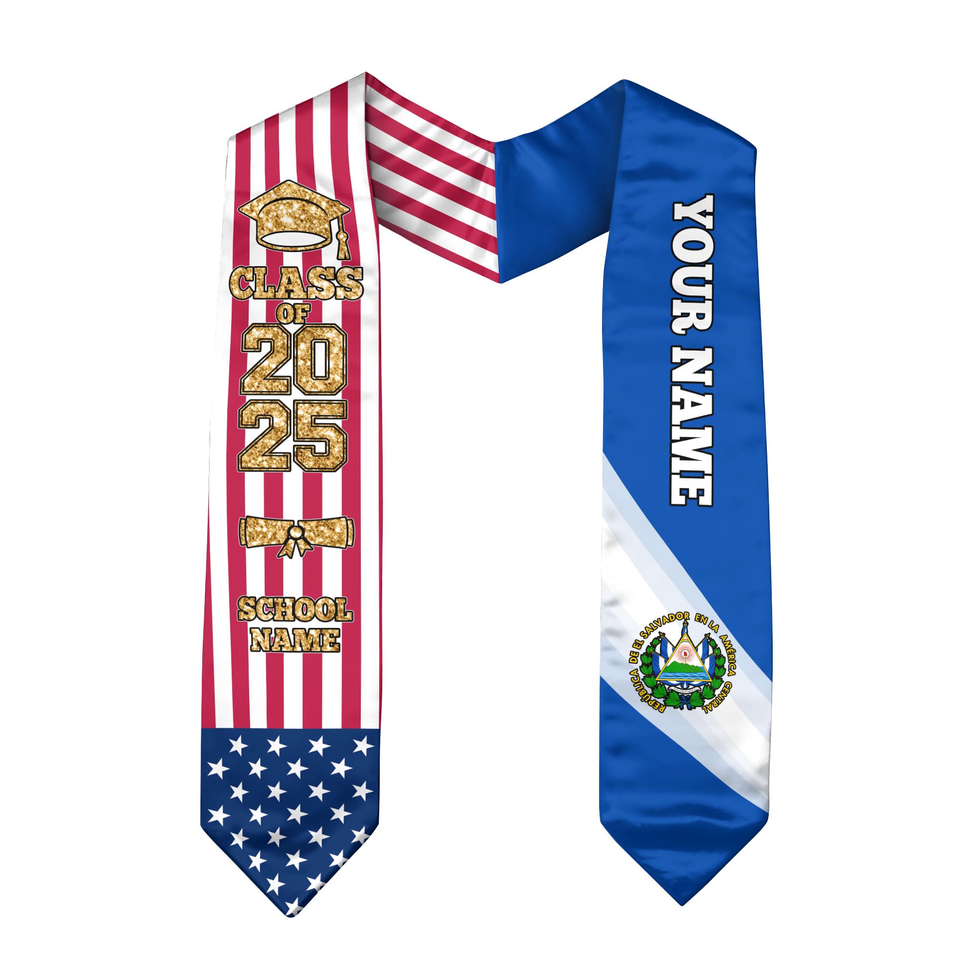Custom Salvadoran Graduation Sash with El Salvador Flag Design - Personalized Graduation Stole for Salvadoran-American Students - Perfect for High School & College Graduation Ceremonies