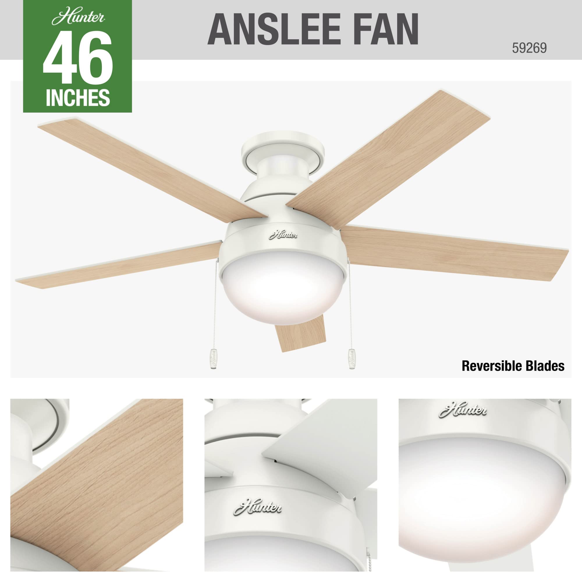 Hunter 59269 Anslee 46-inch White Ceiling Fan with Light Kit - Perfect for Living Room, Bedroom & Indoor Spaces
