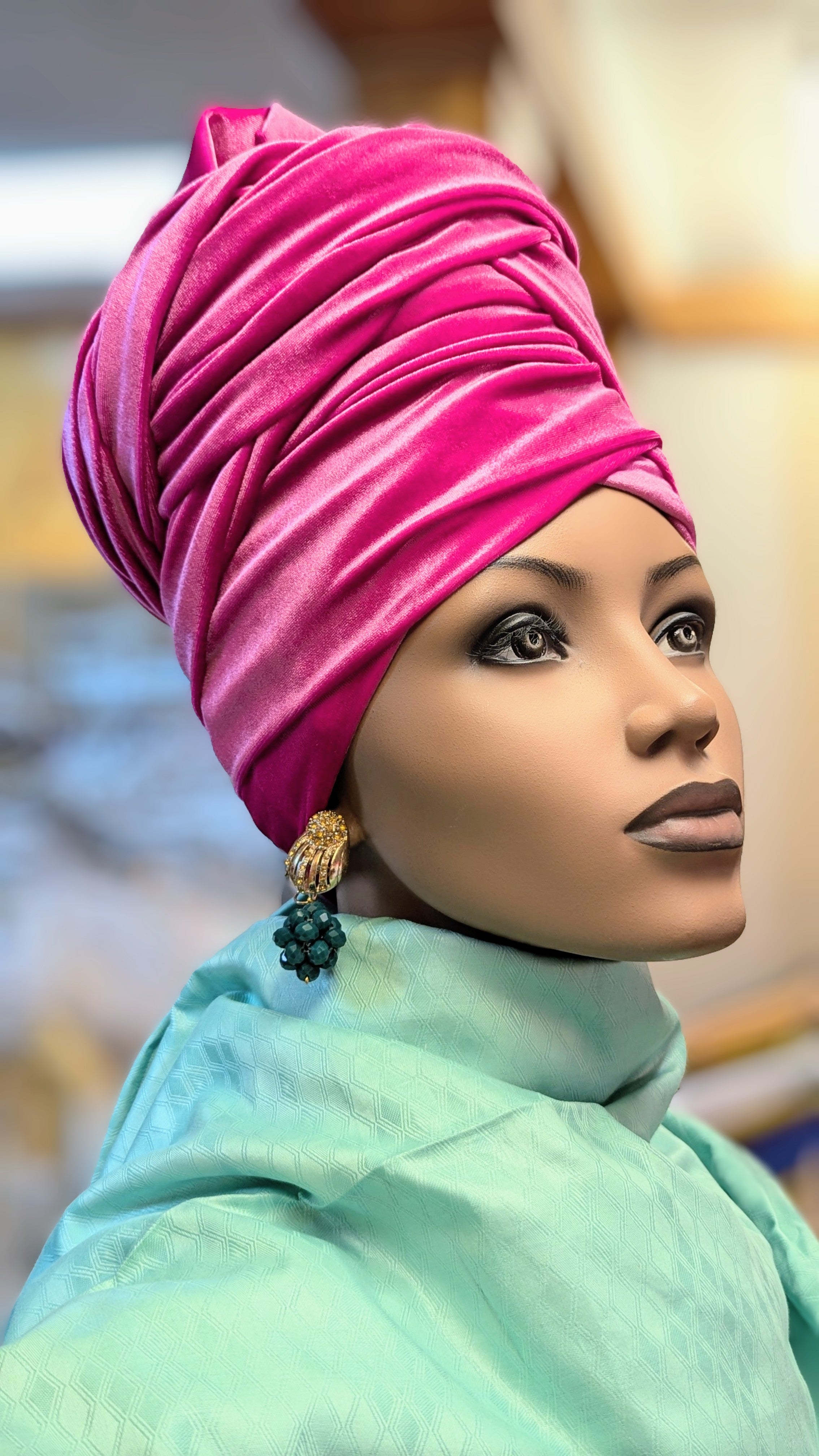 Kaliyah Fuchsia Pink Velour African Hat Head Wrap DPVHHWP3 – Stylish & Comfortable Headwear for Women, Perfect for Church, Weddings, and Cultural Events
