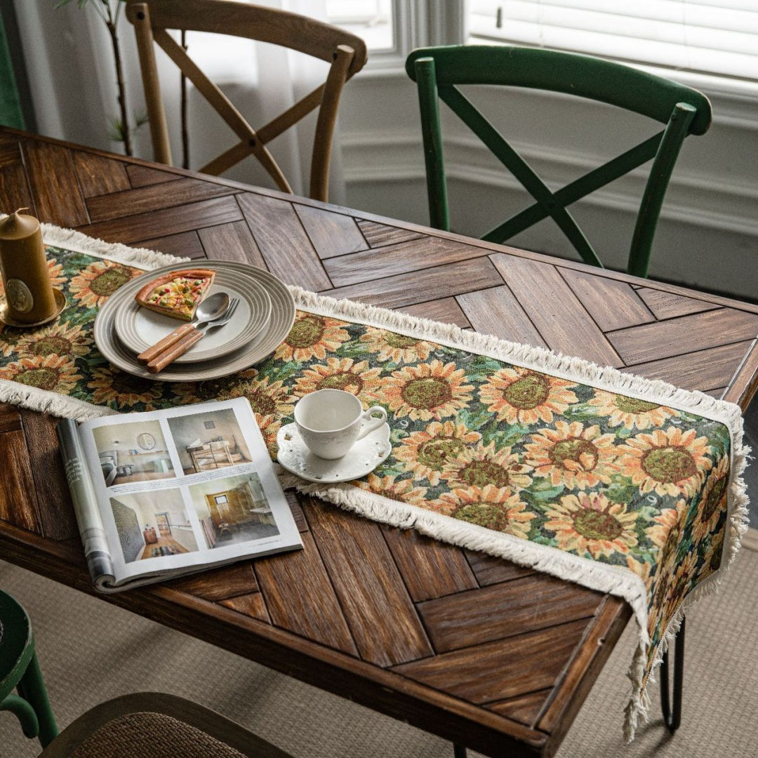 Marin Sunflower Print Table Runner - Elegant Floral Dining Table Decor for Farmhouse, Rustic & Spring Weddings | Perfect for Kitchen, Dining Room & Party Decorations