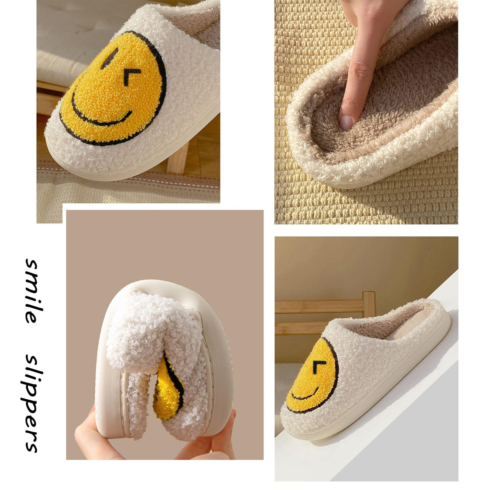 Geibiu Women's Cute Smile Slippers - Retro Soft Plush House Shoes for Indoor/Outdoor Use - Warm Cozy Fuzzy Fluffy Happy Face Slippers - Perfect for Home, Dorm, Lounge & Casual Wear