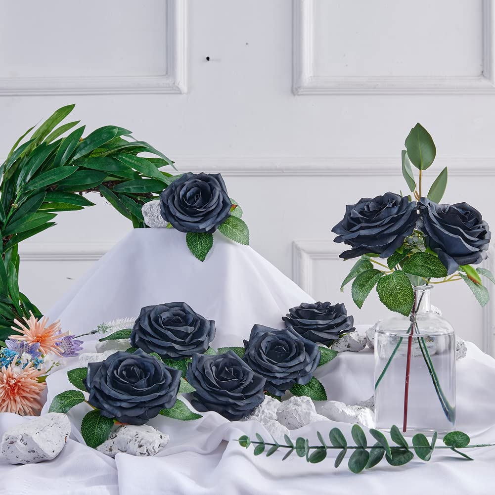 16 Pcs Artificial Silk Roses - Real Looking Fake Flowers with Stems for DIY Wedding Bouquets, Party Table Centerpieces, Floral Arrangements - Perfect for Home Decor, Wedding, Anniversary & Festival Decoration (Black)