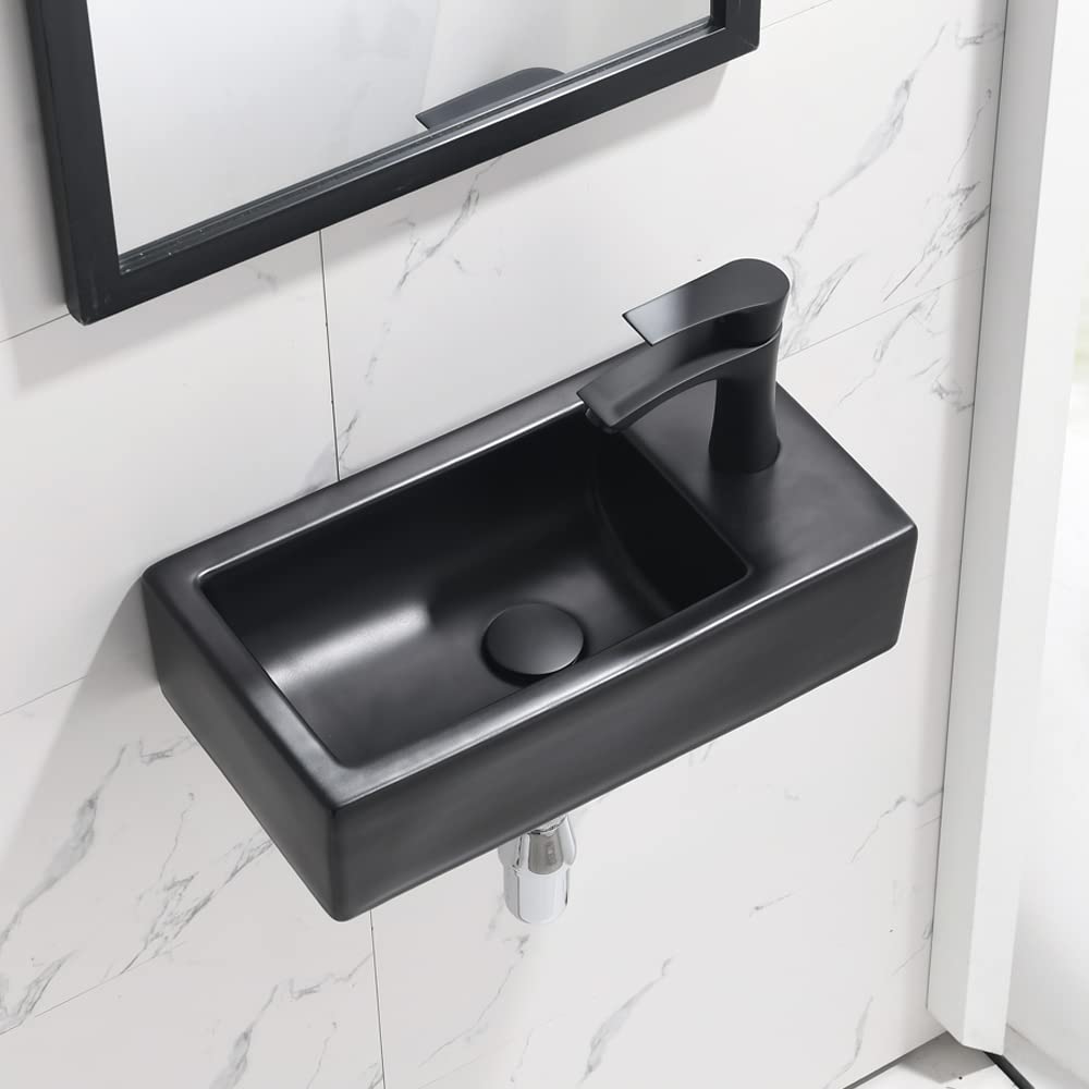 Bokaiya 18 Inch Wall Mount Corner Bathroom Sink with Faucet - Matte Black Porcelain Ceramic Floating Vessel Sink for Small Bathrooms, Cloakrooms & Powder Rooms - Includes Drain Combo (Right Hand Installation) - Perfect for Space-Saving Modern Bathroom Designs