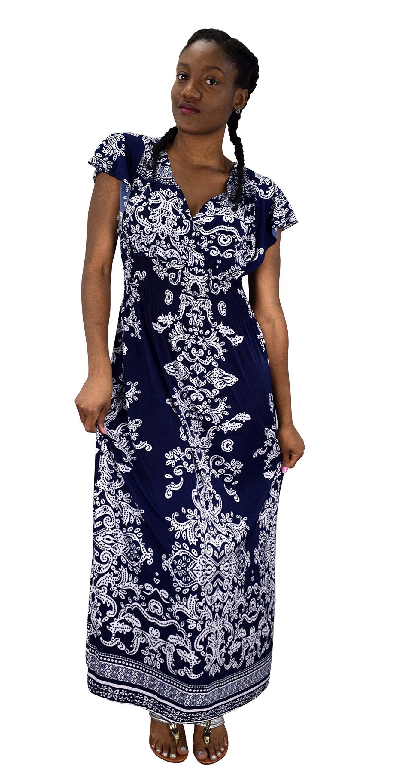Elegant Women's Summer Maxi Dress with Surplice Bodice & Cap Sleeves - Floral Damask Print for Beach Vacations, Garden Parties & Date Nights