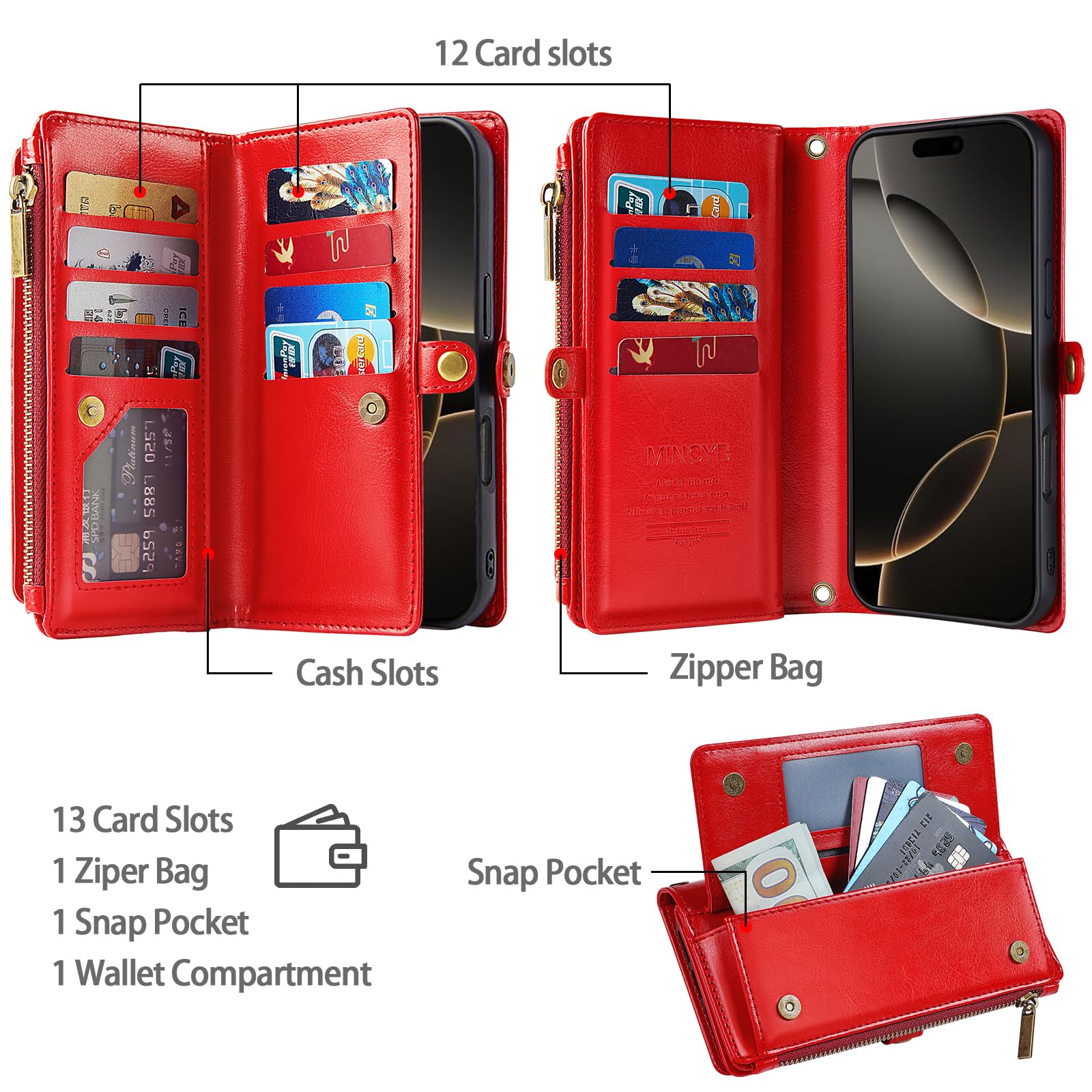 MInCYB iPhone 16 Pro Max Wallet Case with Crossbody Strap - Magnetic Detachable PU Leather RFID Blocking Card Holder for Women & Men (6.7 Inch, Red) - Perfect for Travel, Shopping & Everyday Use