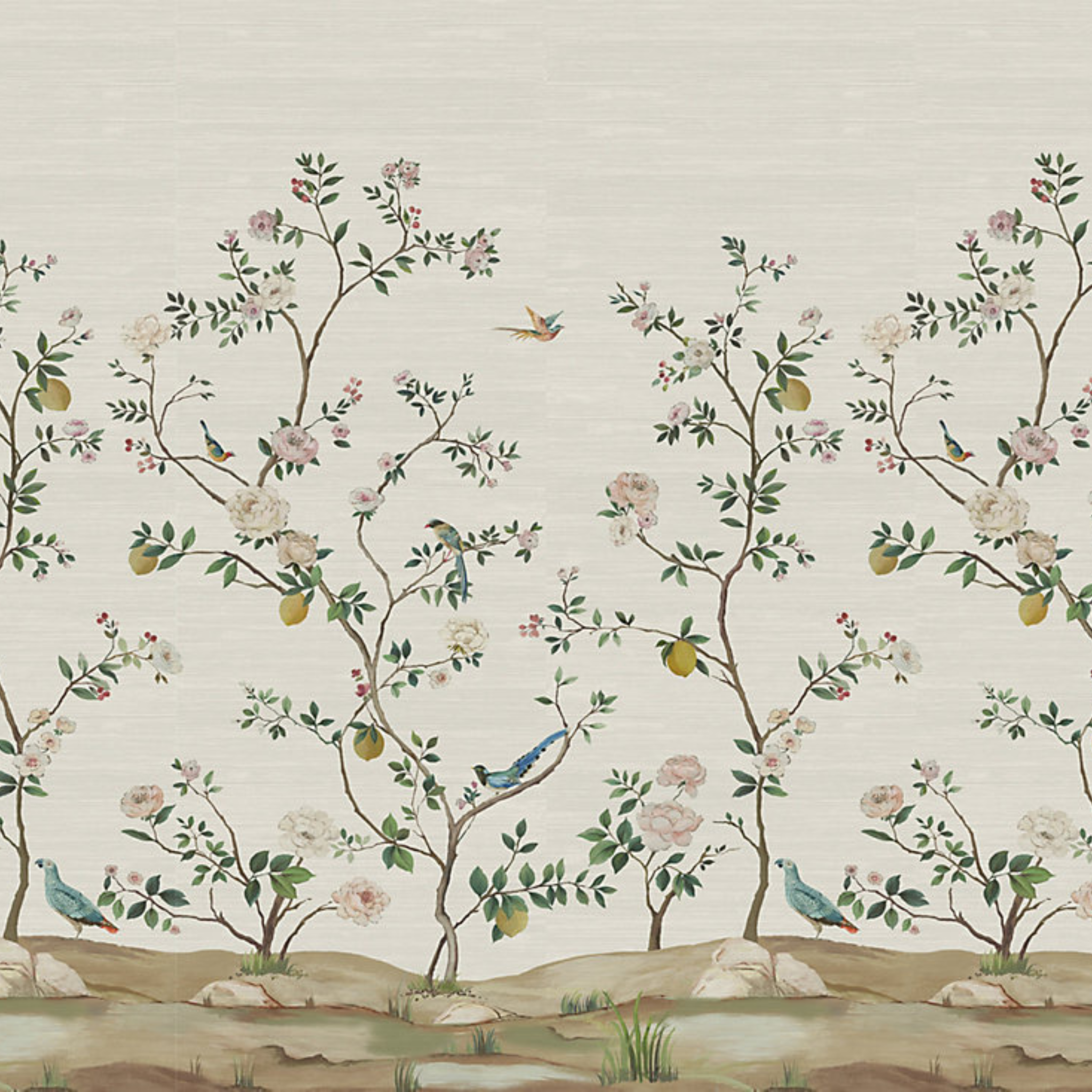 Blossom Chinoiserie Wallpaper - Silver Mist Floral Pattern on Grasscloth Textured Background | Perfect for Living Room, Bedroom & Dining Room Decor