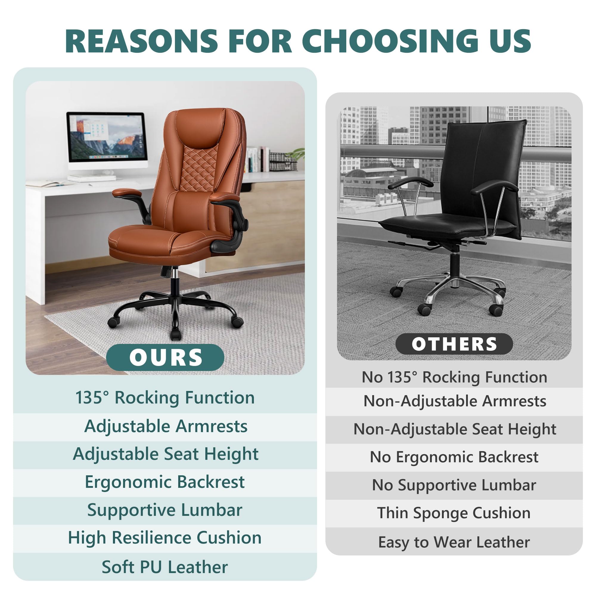 Premium Big and Tall Executive Office Chair - Ergonomic Leather High Back Chair with Lumbar Support & Adjustable Flip-Up Arms - Home Office Desk Computer Chair (Brown) - Perfect for Long Work Hours & Gaming Sessions