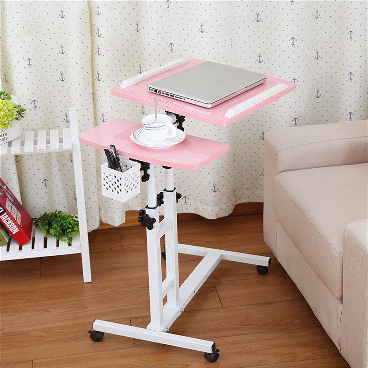 QINAIDI Adjustable Rolling Laptop Desk - Foldable Computer Table, Portable Standing Desk with Wheels for Home Office, Bedroom, Living Room - White (Perfect for Small Spaces, Remote Work & Study)