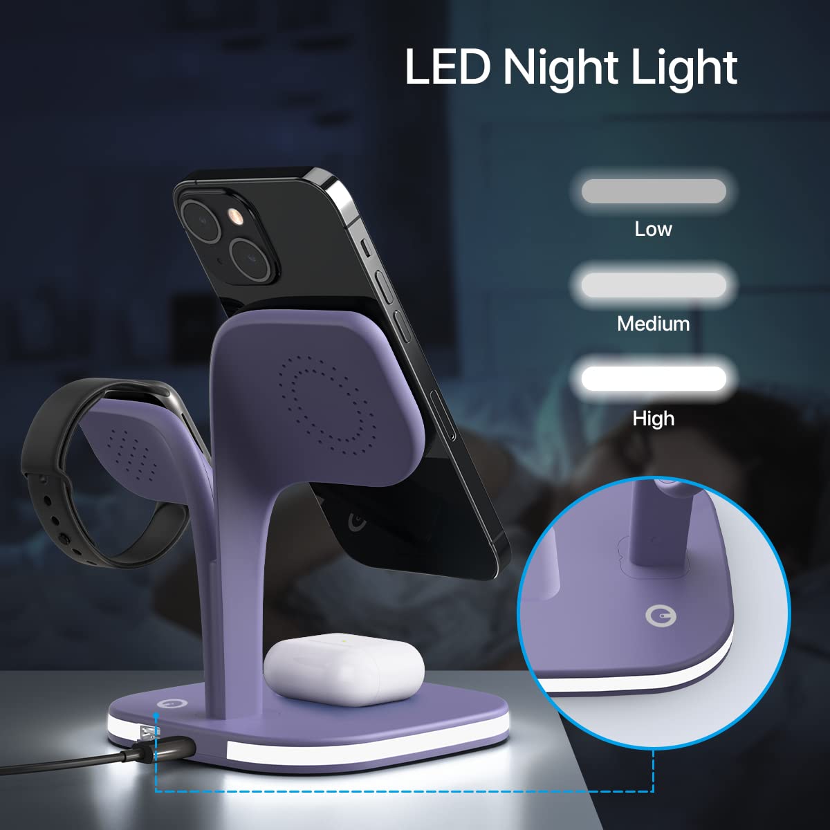 EXW 5-in-1 Magnetic Wireless Charging Station - Fast Mag-Safe Charger Stand for iPhone 16/15/14/13/12 Pro/Max/Mini/Plus, Apple Watch Series 9/8/7/6/SE/5/4/3/2 & AirPods - Purple | Perfect for Home, Office & Travel Charging Needs