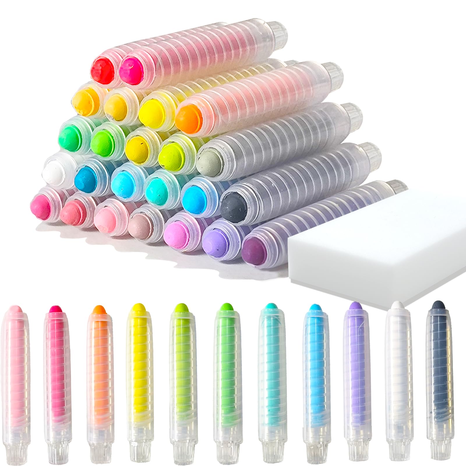 24 Colors Non-Toxic Dustless Chalk for Kids - Washable Sidewalk Chalk Set with Holder & Chalkboard Eraser - Safe Outdoor Drawing & Writing Art Supplies for Toddlers - Perfect for Blackboard Play, Classroom Activities, and Sidewalk Art Projects