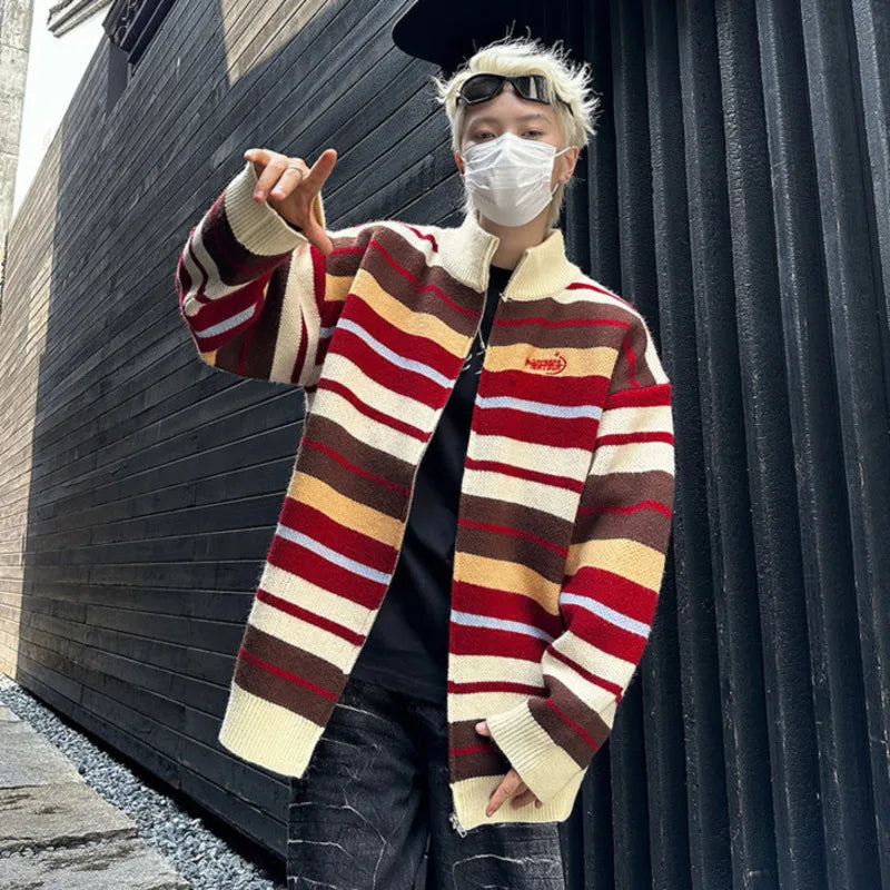 Men's Striped Zipper Knit Cardigan Sweater Jacket - Loose Fit Turtleneck Pullover for Spring 2025 | Casual Wear, Date Night & Couple Outfits | American Fashion 9C9259