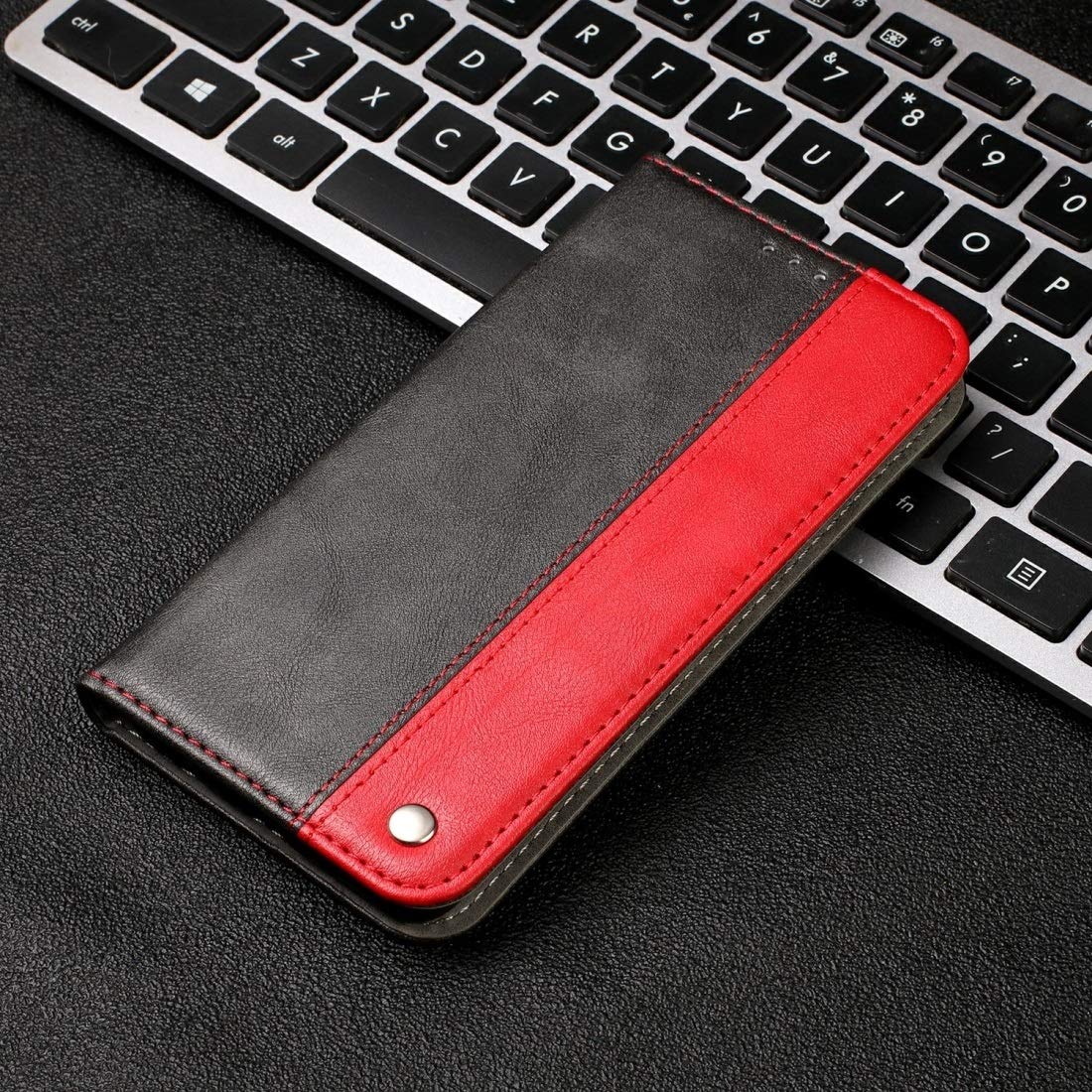 Premium Leather Flip Phone Case for Xiaomi Redmi 6 Pro - Horizontal Stitched Business Wallet Case with Card Slots, Holder & Lanyard (Red/Grey) | Protective Cover for Work, Travel & Daily Use