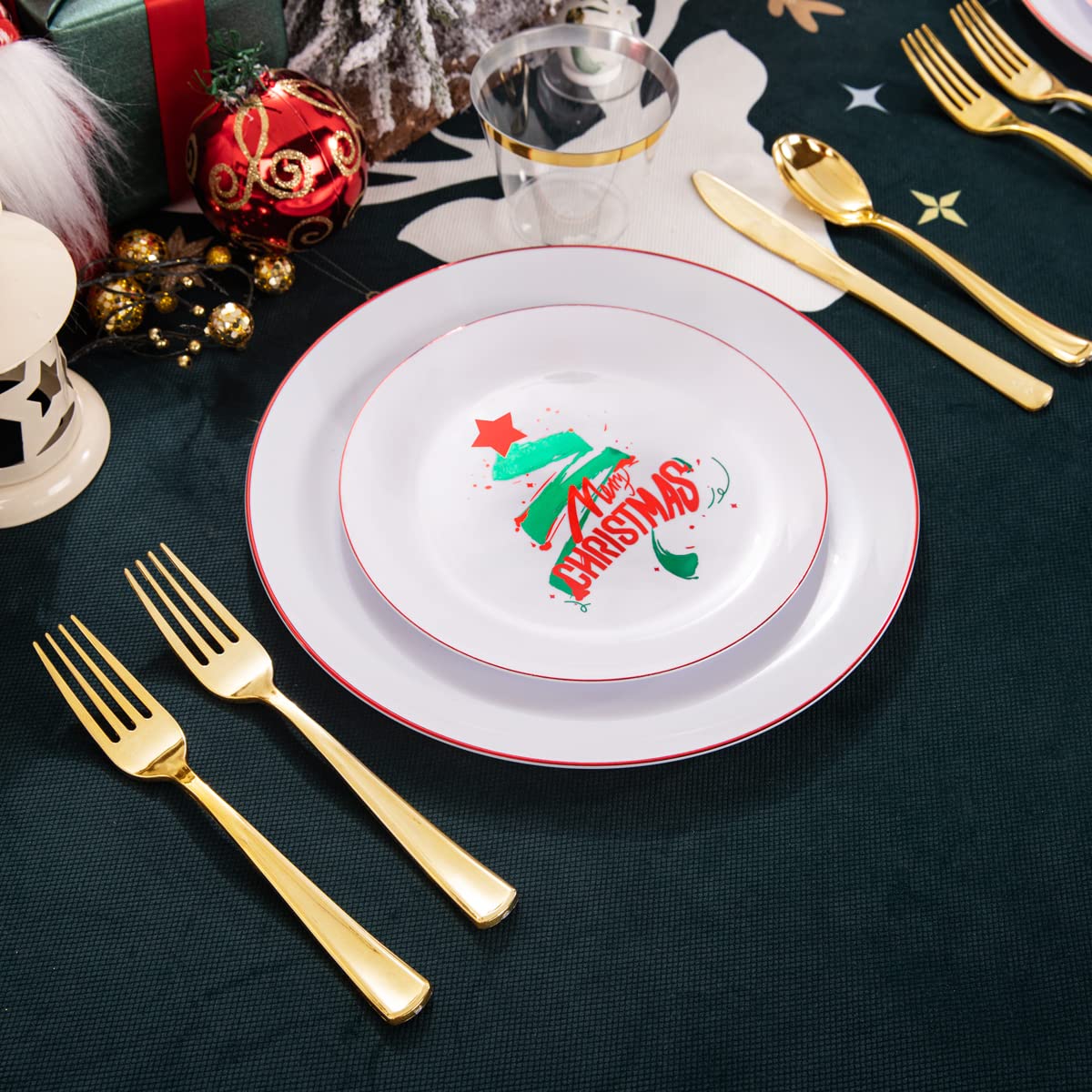 KIRE 25-Pack Christmas Party Plates Set - White & Green Tree Plastic Dinner Plates, Gold Disposable Cutlery & Clear Gold Cups for Holiday Gatherings, Family Dinners & Festive Celebrations