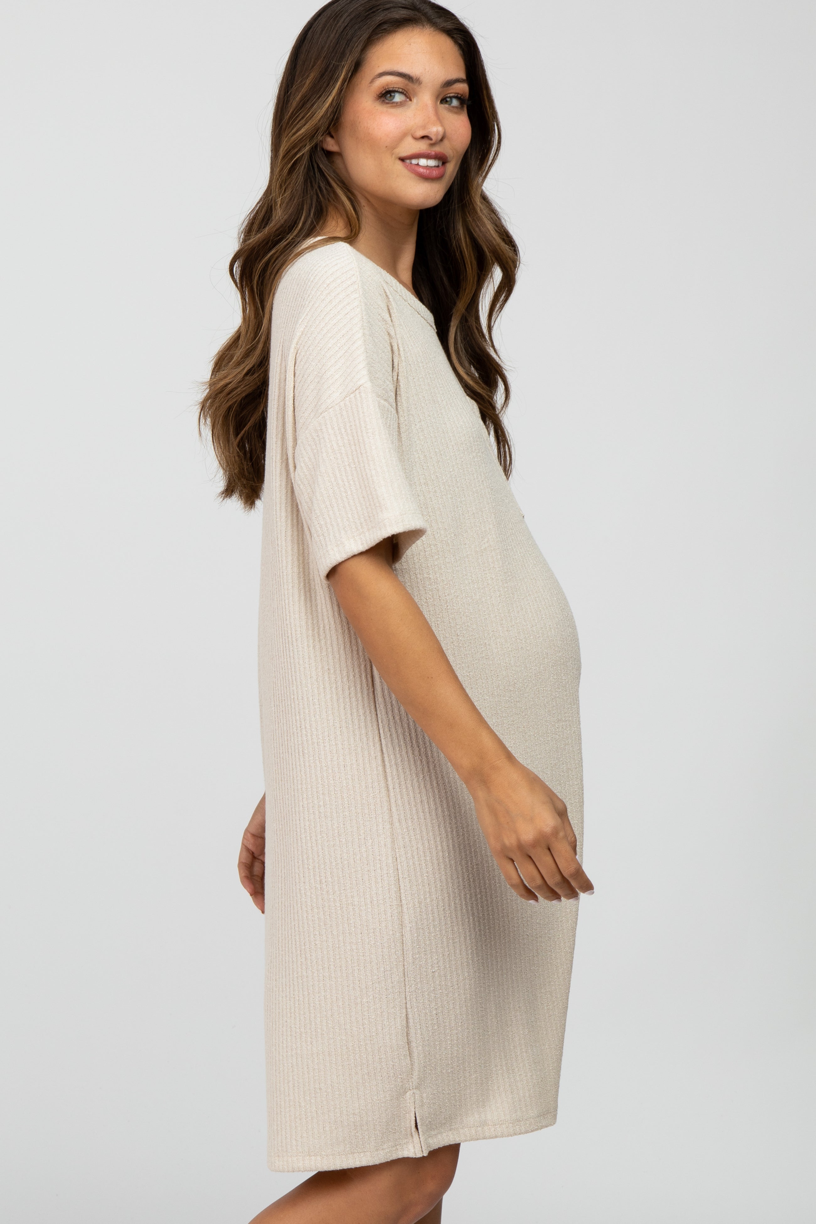 Beige Ribbed Maternity Dress with Front Pockets - Comfortable Pregnancy Clothes for Work, Casual Outings & Baby Showers