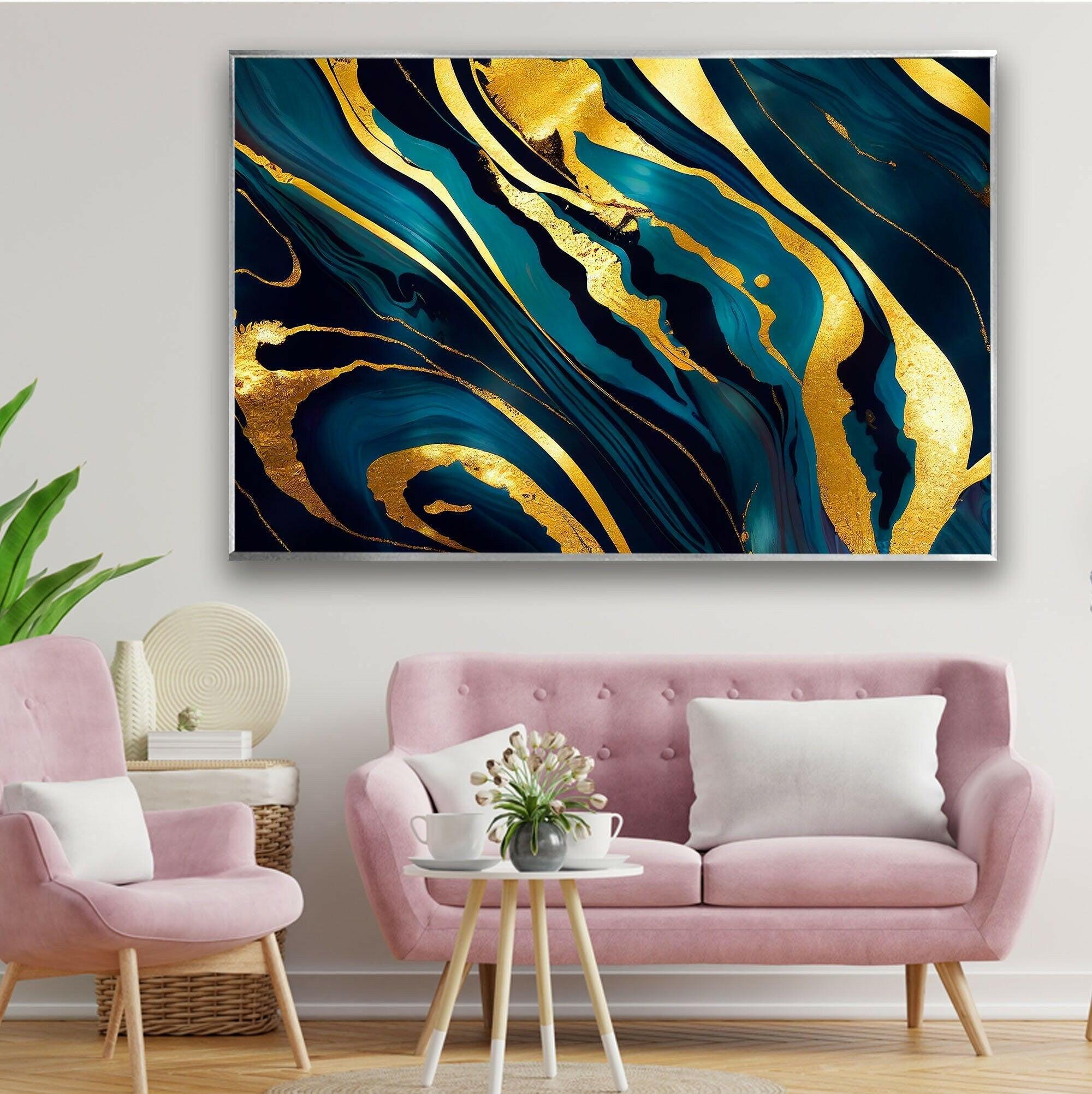 Gold Alcohol Ink Abstract Glass Wall Art - Handmade Modern Home Decor for Living Room, Bedroom & Office