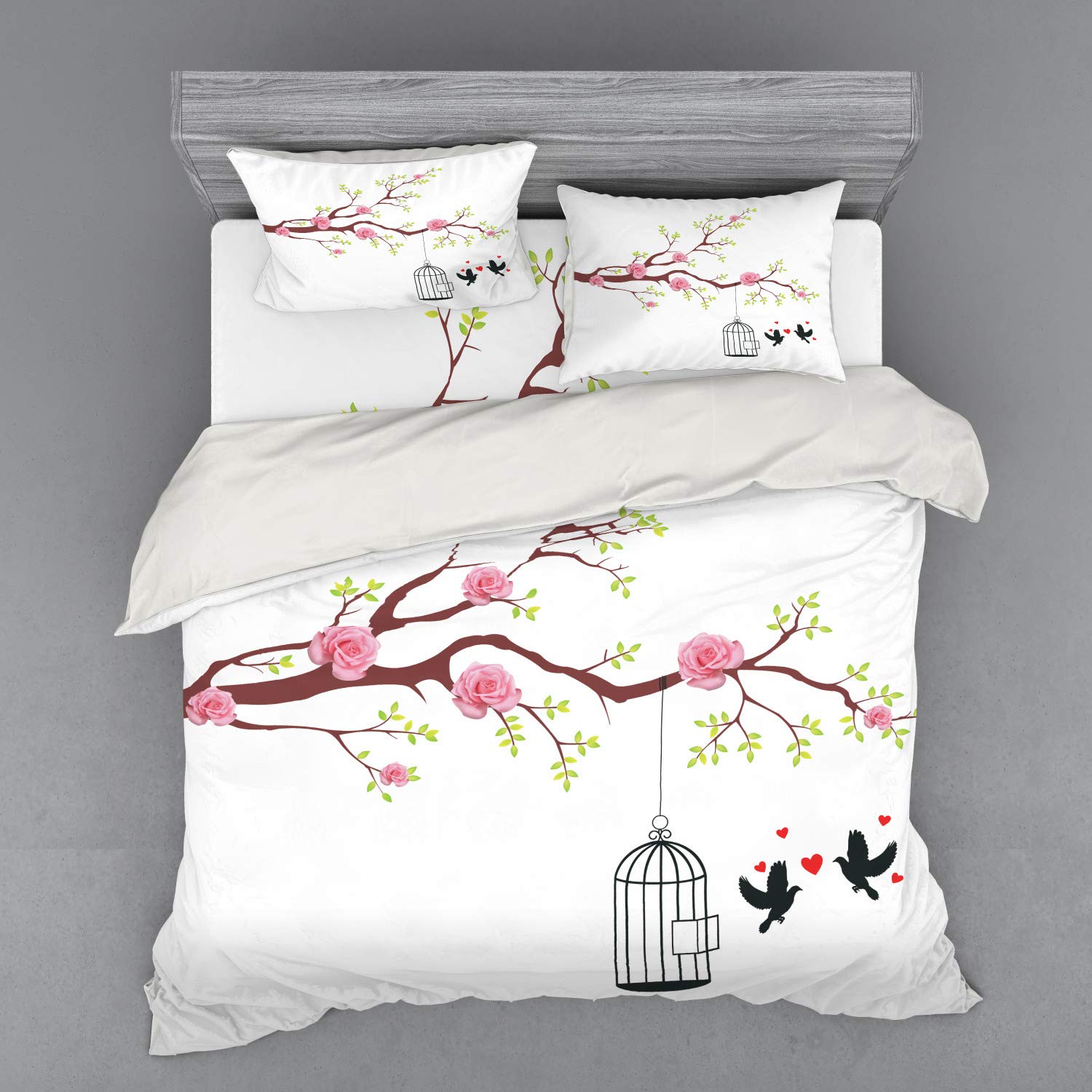Ambesonne King Size 4-Piece Birds & Roses Duvet Cover Set with Shams & Fitted Sheet - Pink Brown White Romantic Floral Bedding for Couples | Perfect for Master Bedrooms, Guest Rooms & Romantic Getaways