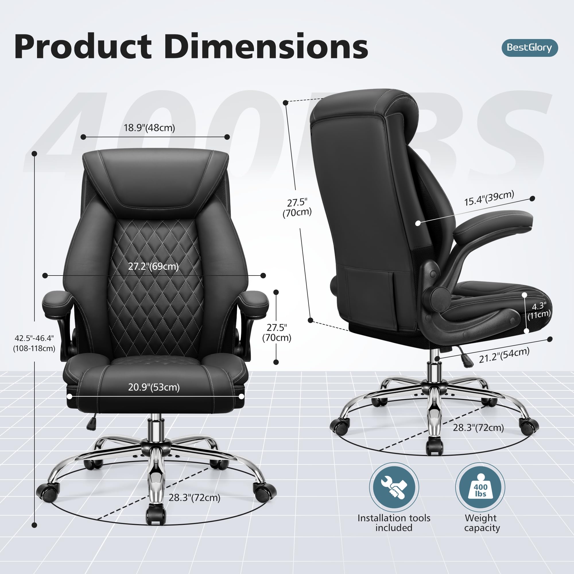 Ergonomic High Back Office Chair with Lumbar Support - Big & Tall Breathable Leather Desk Chair for Home & Office - Adjustable Flip-Up Armrests & Rocking Function - Perfect for Long Work Hours, Gaming & Computer Use