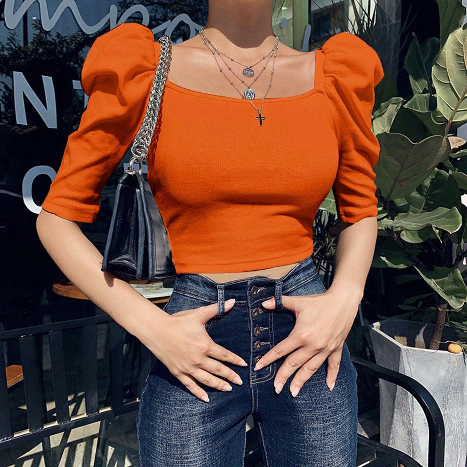 Women's Square Neck Ribbed Knit Crop Top - Short Sleeve Basic Tee Shirt, Solid Color Casual & Workout Cropped T-Shirt for Summer Outfits, Yoga, Gym, and Streetwear Fashion