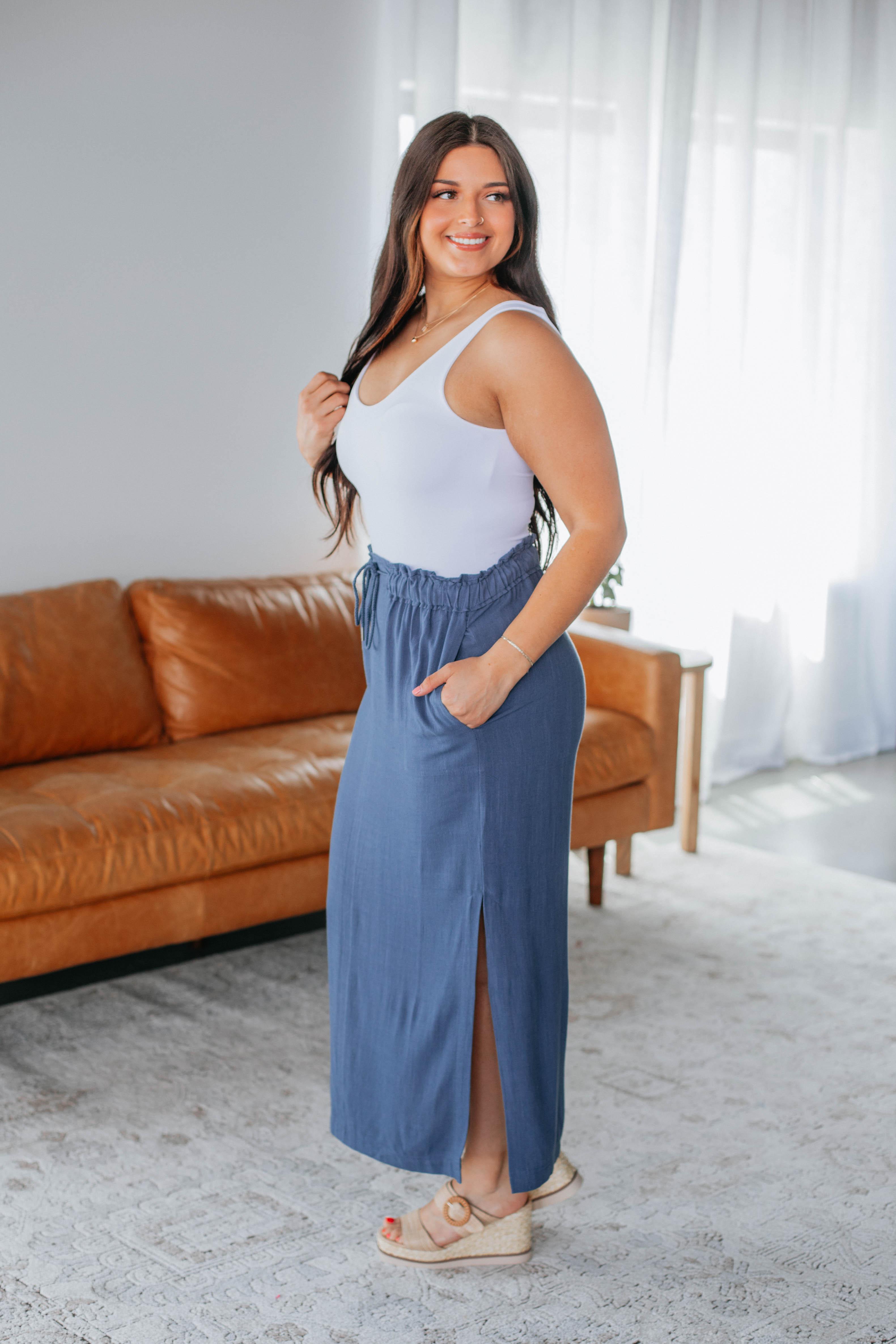 Emeline Midi Skirt for Women - Steel Blue Flowy A-Line Skirt with Pockets | Perfect for Office, Date Night & Summer Outfits