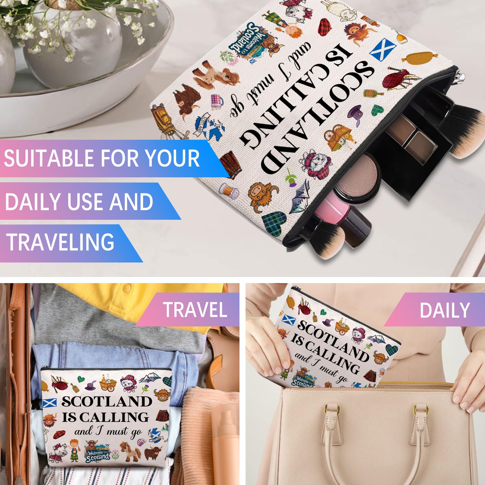 Scotland Themed Makeup Bag - Scottish Gifts for Women, Edinburgh Travel Souvenir & Cosmetic Pouch with Zipper | Perfect for Travel, Daily Use & Scottish Pride Gifts