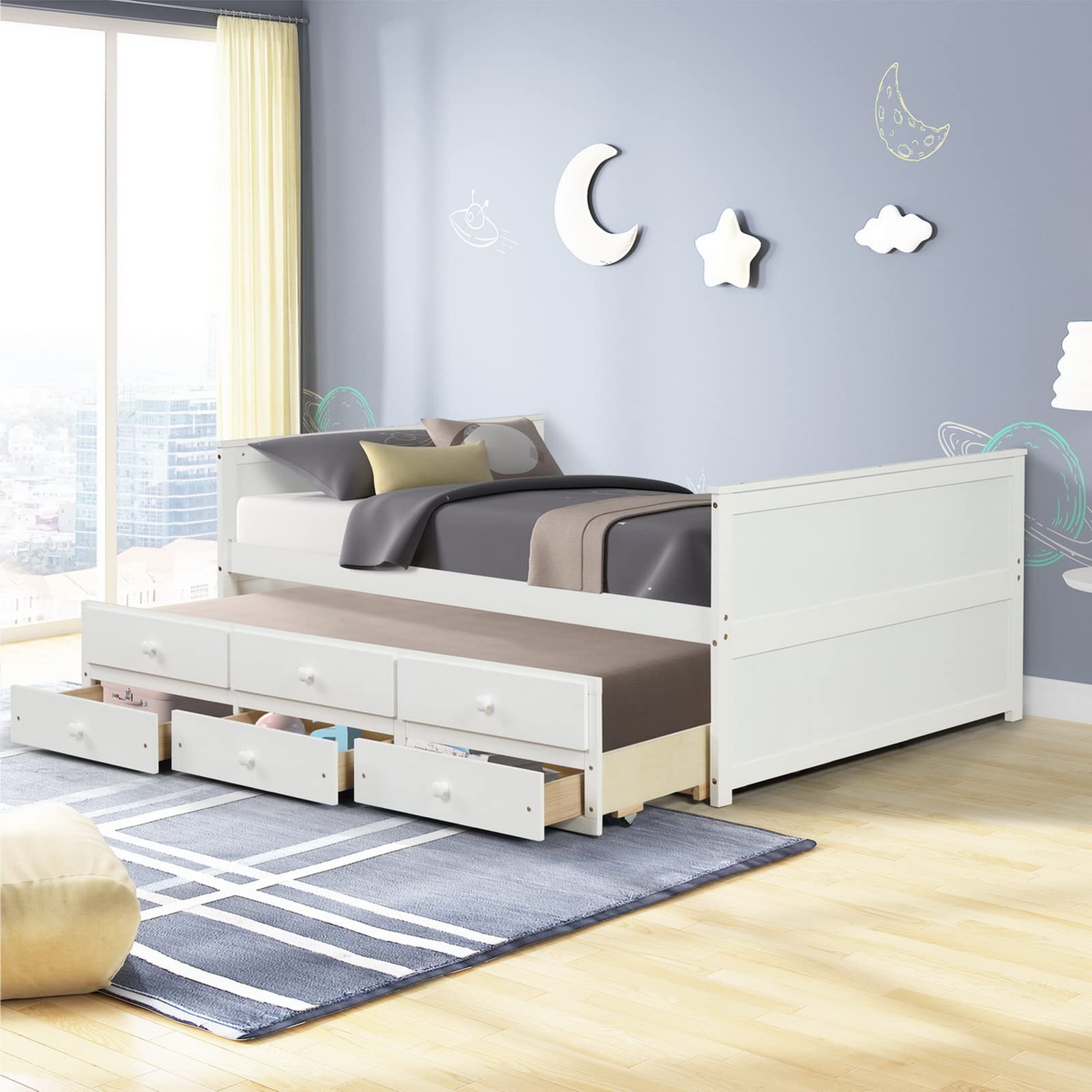 WIILAYOK Full Size Captain's Bed with Trundle & Storage Drawers - Solid Wood Bed Frame with Headboard - White (Perfect for Guest Rooms, Kids' Rooms & Small Space Bedrooms)