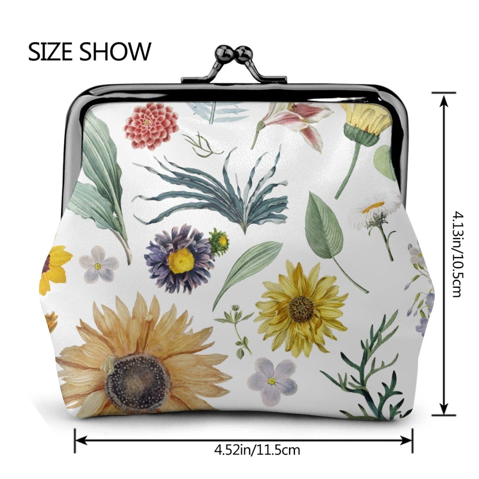 Stylish PU Leather Buckle Coin Purse with Chrysanthemum & Sunflower Floral Design - Girls' Kiss-Lock Change Wallet for Everyday Use, Travel & Gift Giving
