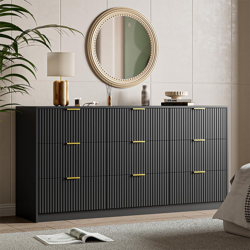 Modern 9-Drawer Double Dresser for Bedroom - Black Chest of Drawers with Spacious Storage (63