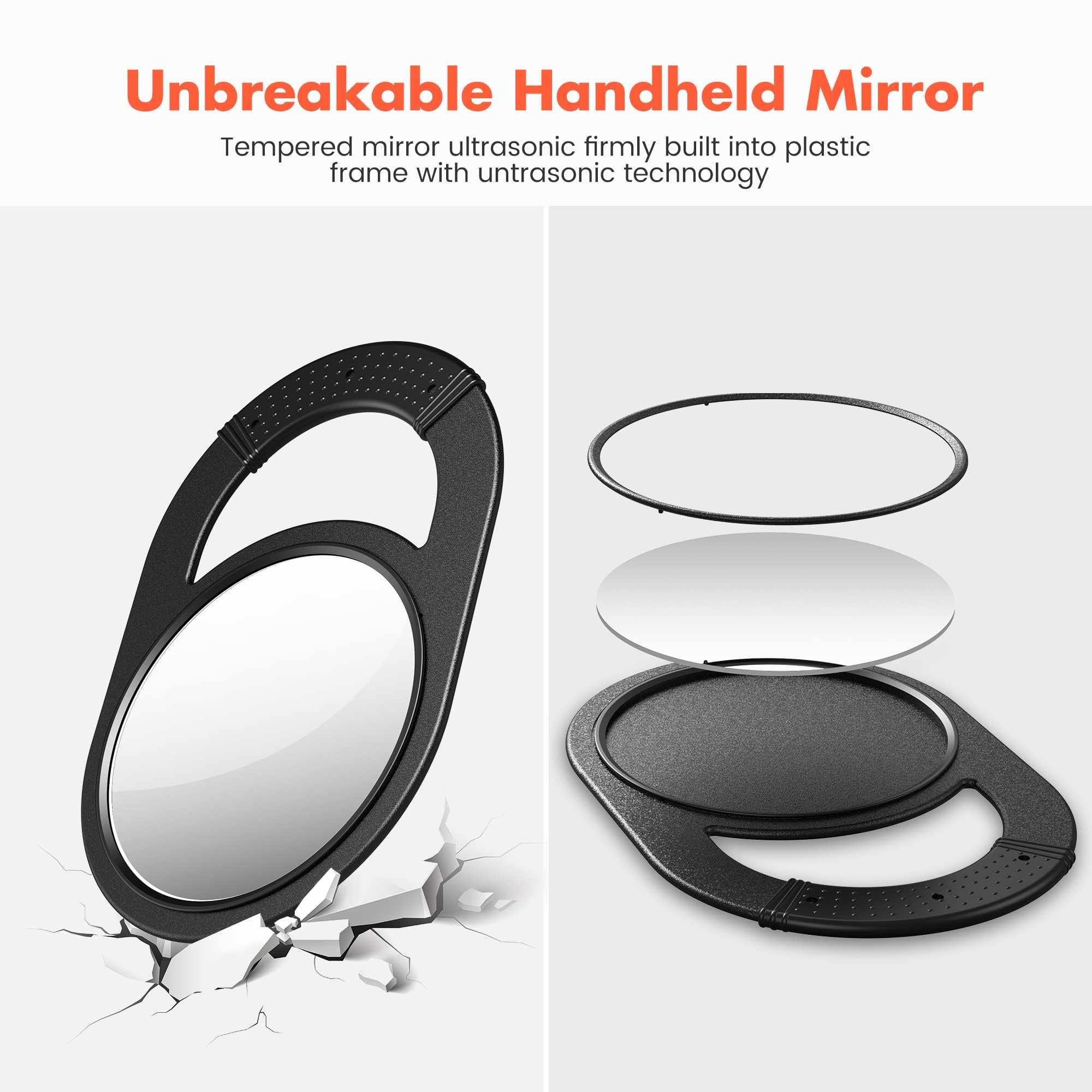 Unbreakable Hand Mirror with Non-Slip Rubber Grip - Salon & Barber Mirror for Hair Styling, Makeup, Shaving - Travel, Bathroom, Camping Essential - Black (TASALON)